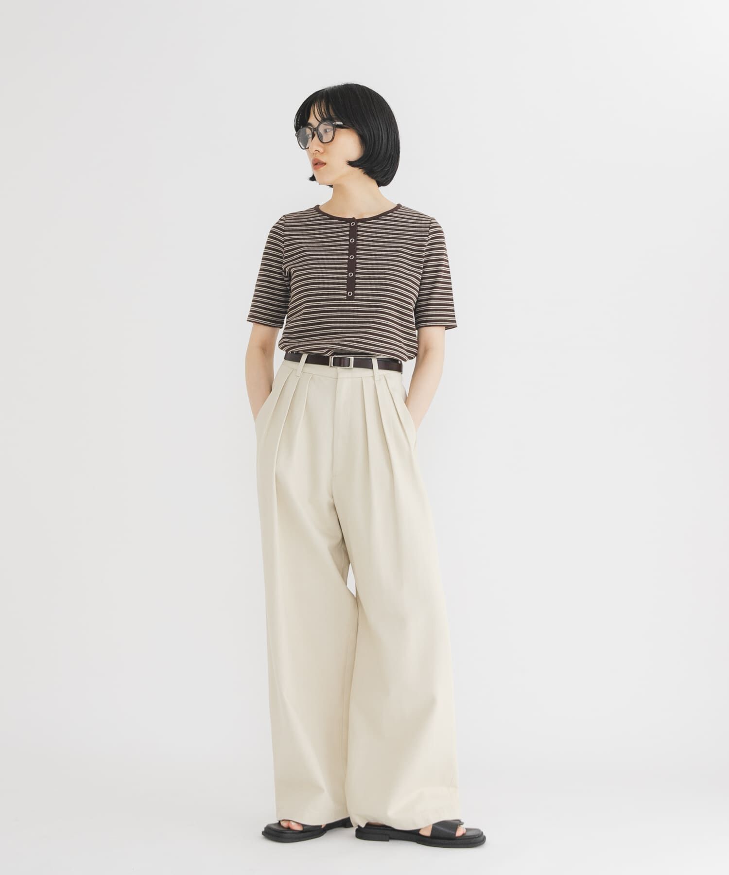  「ワッフルボーダーヘンリネックTEE」|Tシャツ・カットソー|