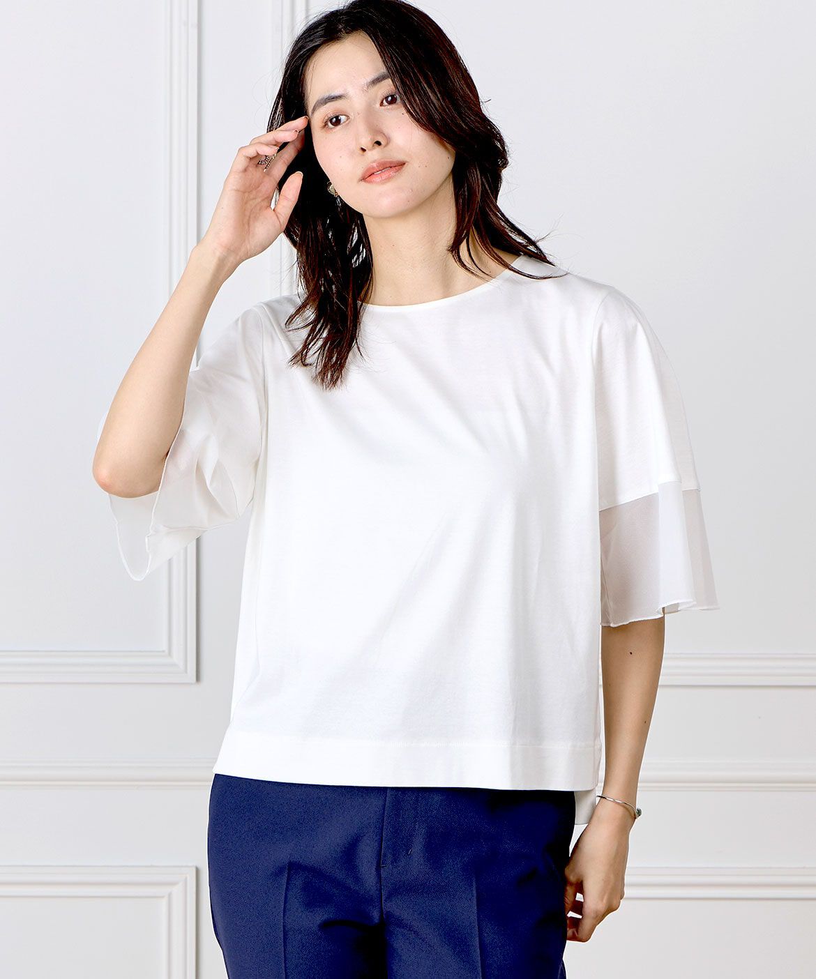 INED「袖ｼｱｰﾌﾟﾙｵｰﾊﾞｰｶｯﾄｿｰ|涼しく上品に､大人のｴｱﾘｰﾄｯ」|Tシャツ・カットソー|