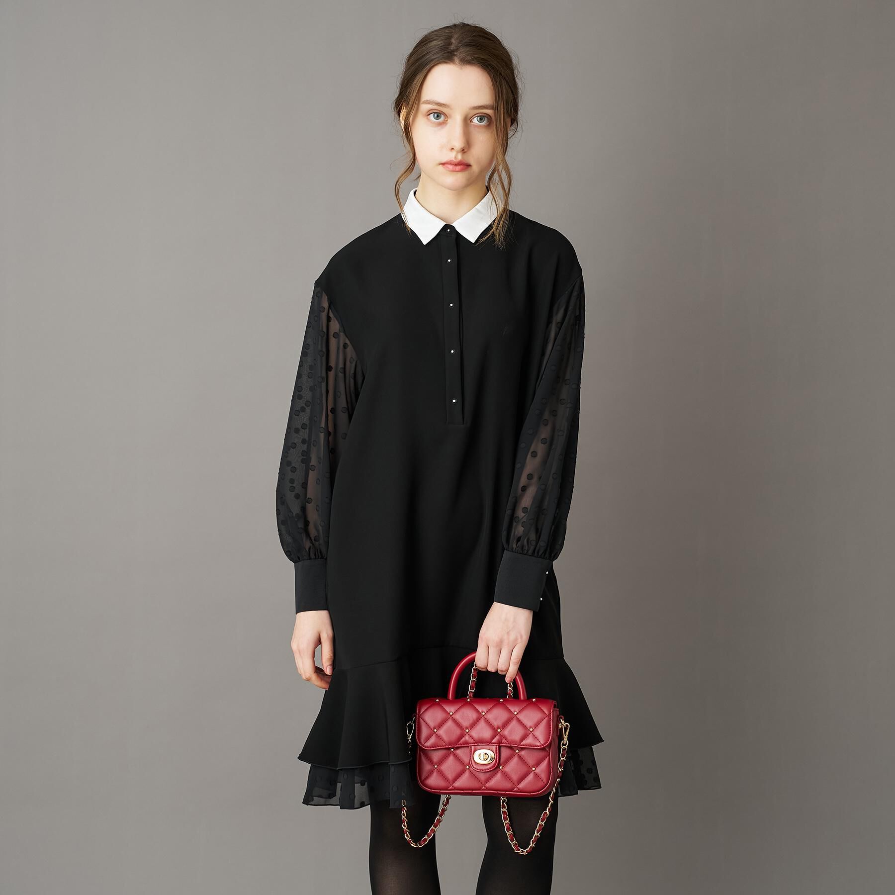 DRESSTERIOR「【ウォッシャブル】ダブルクロスボリュームスリーブミニワンピース」|ワンピース|
