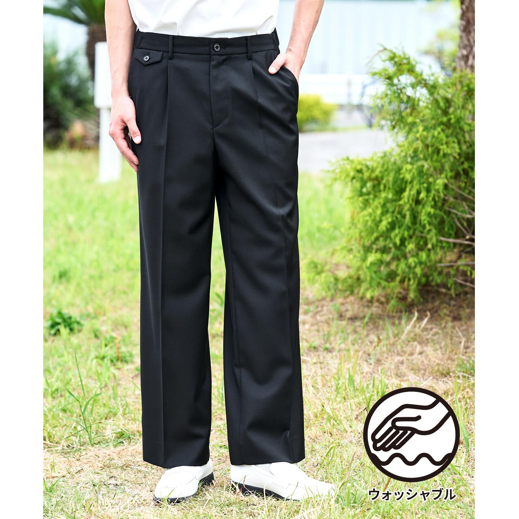 DRESSTERIOR「【ウォッシャブル】サイドゴア ワンタックワイドパンツ」|その他|ブラック(019)