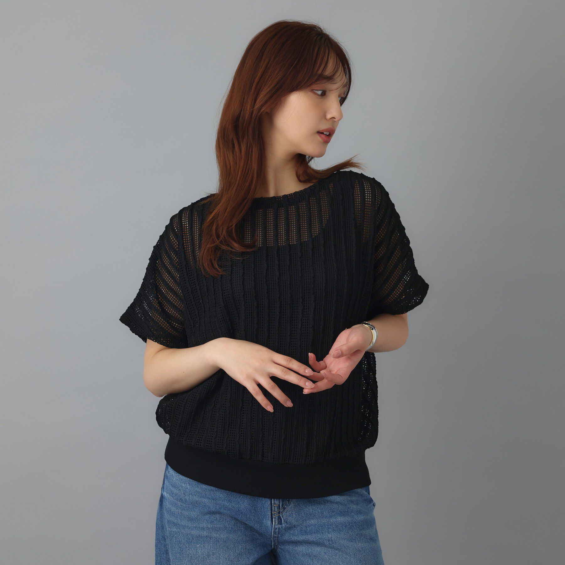 DRESSTERIOR「【体型カバー/日除け】ドルマンスリーブ シアーメッシュプルオーバー」|Tシャツ・カットソー|