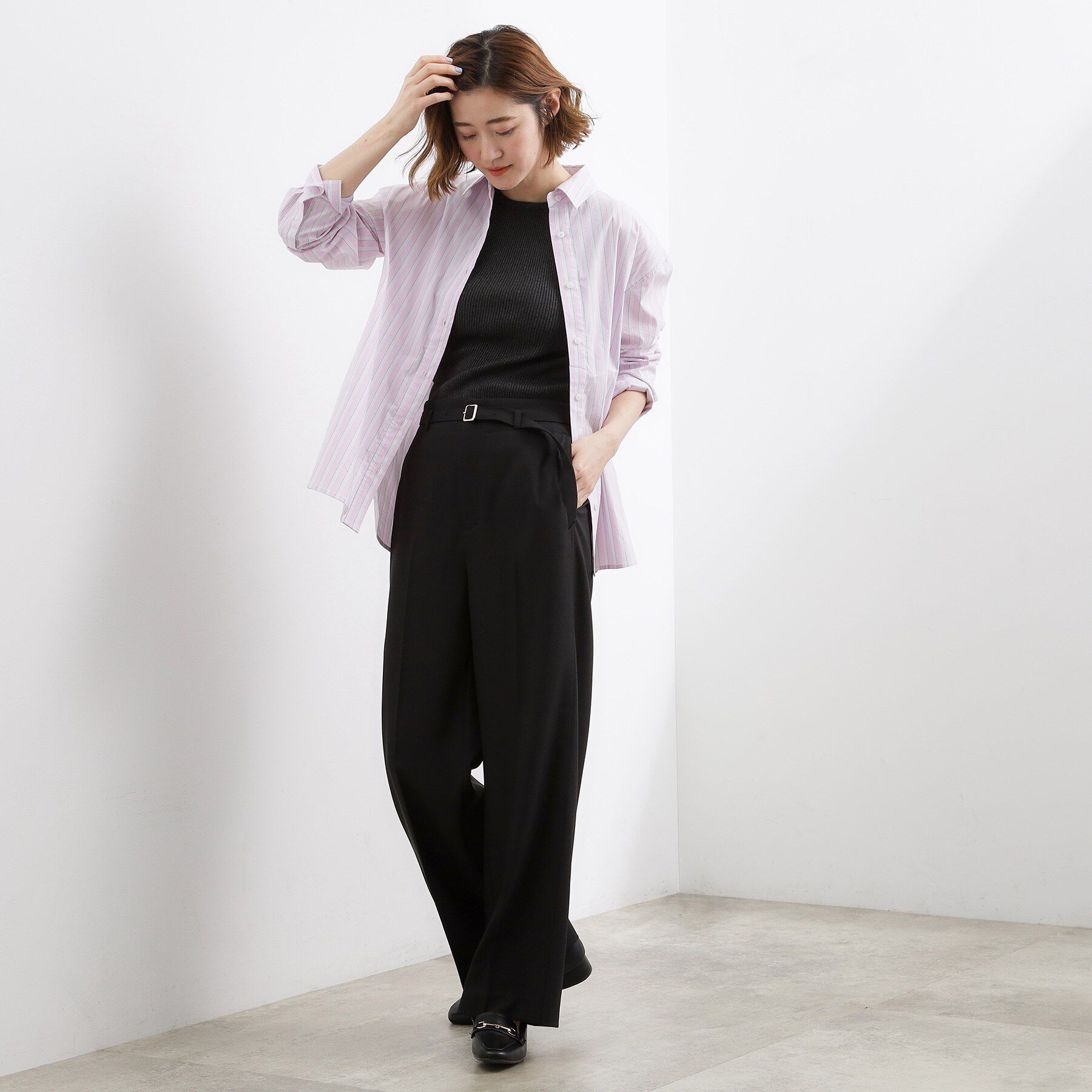 grove「【洗える/お仕事にも】ウエストすっきりベルト付ワイドパンツ」|その他|