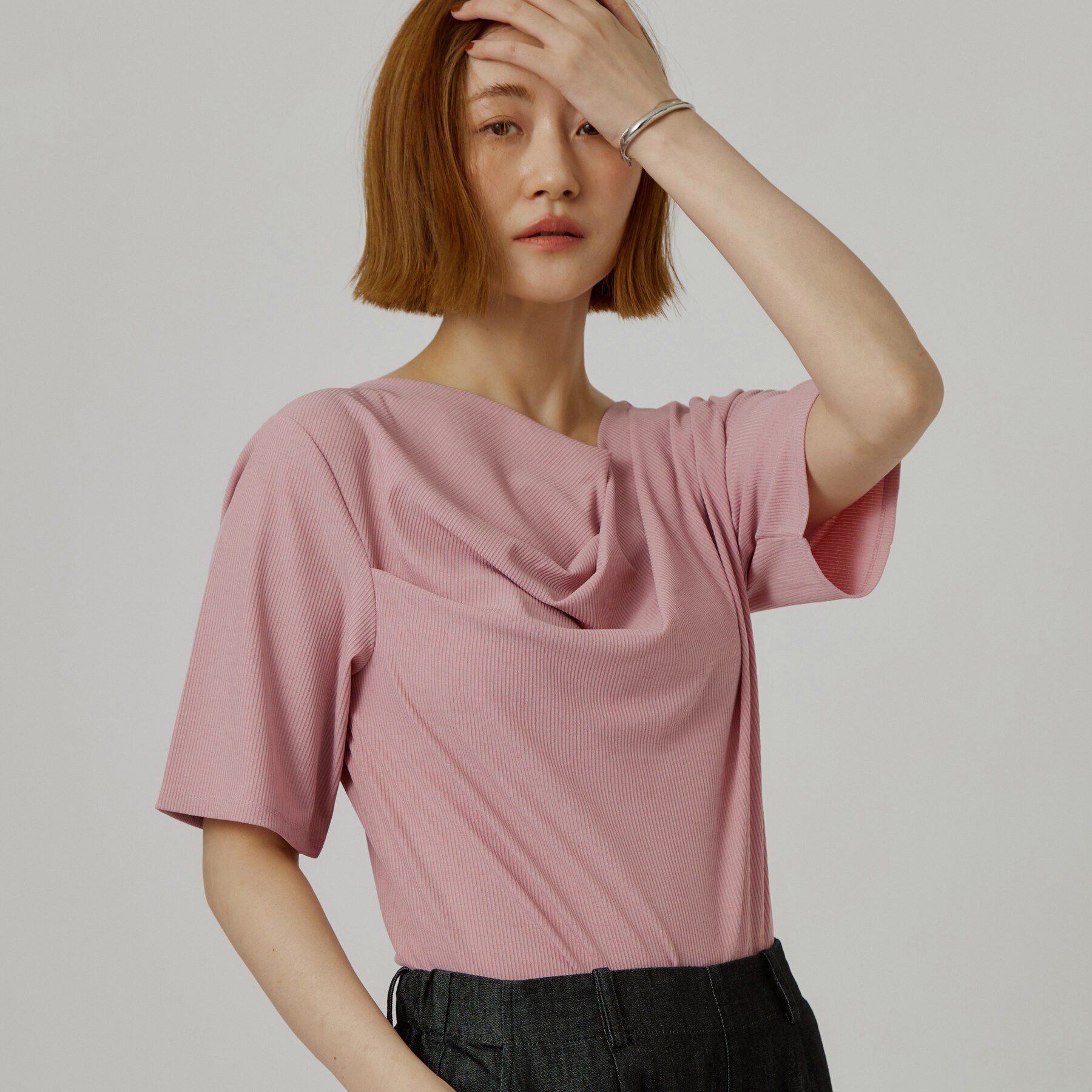 grove「着るだけで旬顔 ドレープネックテレコTシャツ」|Tシャツ・カットソー|ピンク(071)