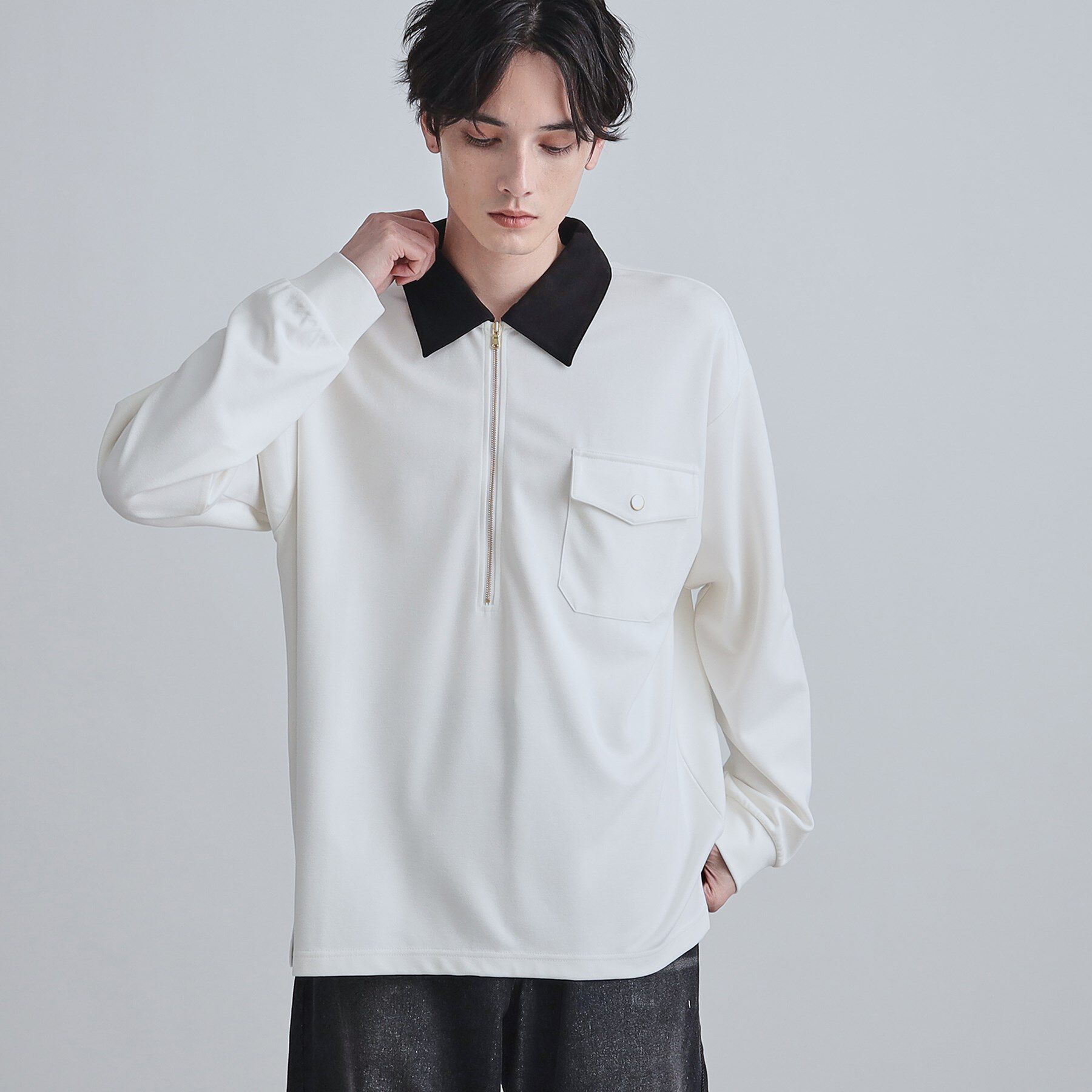tk.TAKEO KIKUCHI「ハードポンチクレリックハーフジップカットソー/ポケット/襟配色/バイカラー」|Tシャツ・カットソー|