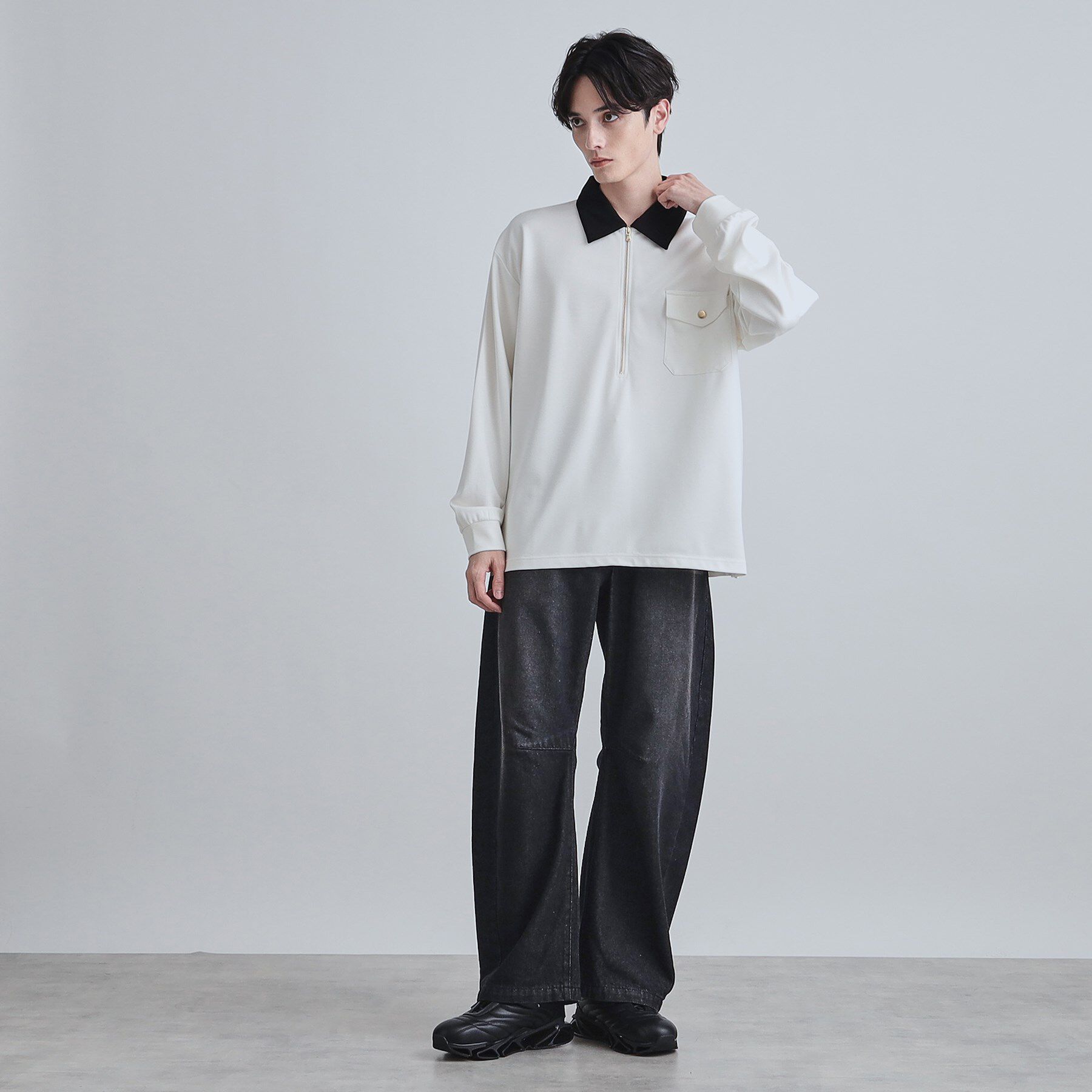 tk.TAKEO KIKUCHI「ハードポンチクレリックハーフジップカットソー/ポケット/襟配色/バイカラー」|Tシャツ・カットソー|