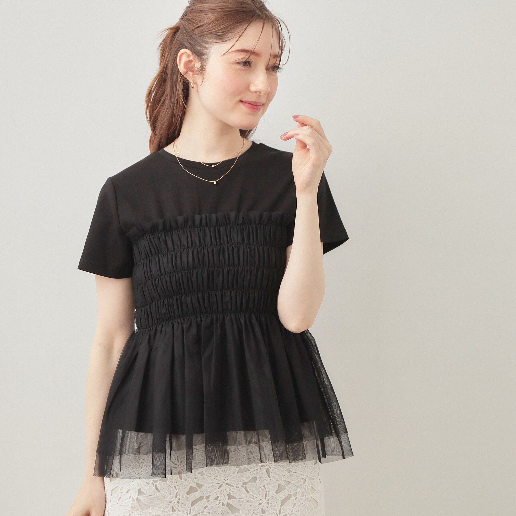index「チュールペプラムトップス【洗濯機OK／接触冷感／UVケア】」|Tシャツ・カットソー|ブラック(819)