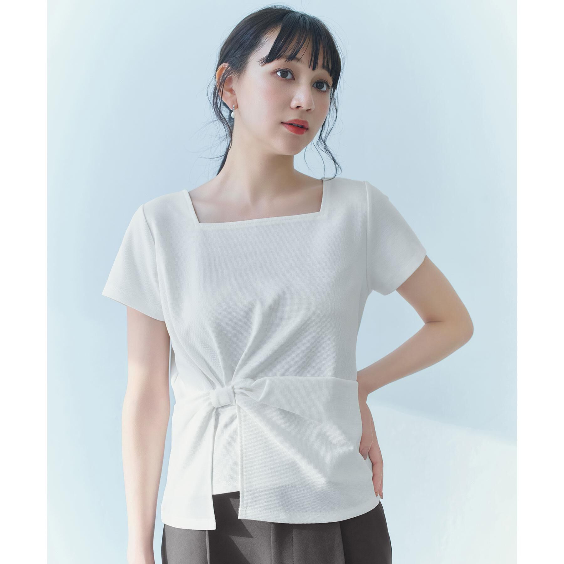 index「【接触冷感／UVケア】スクエアネックリボントップス《洗濯機OK》」|Tシャツ・カットソー|