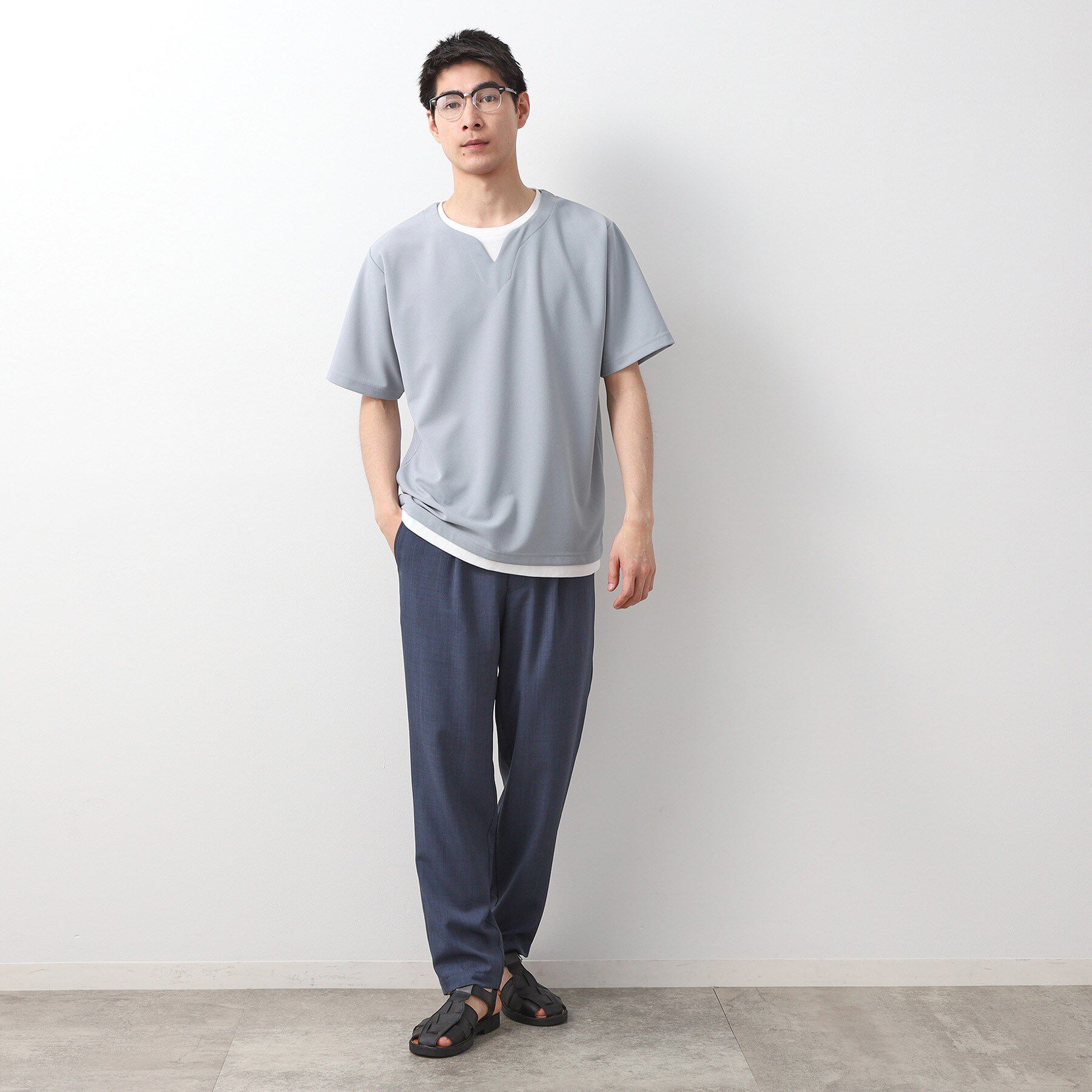 THE SHOP TK「ツイルキーネック 半袖Tシャツ 接触冷感/洗濯機OK」|Tシャツ・カットソー|