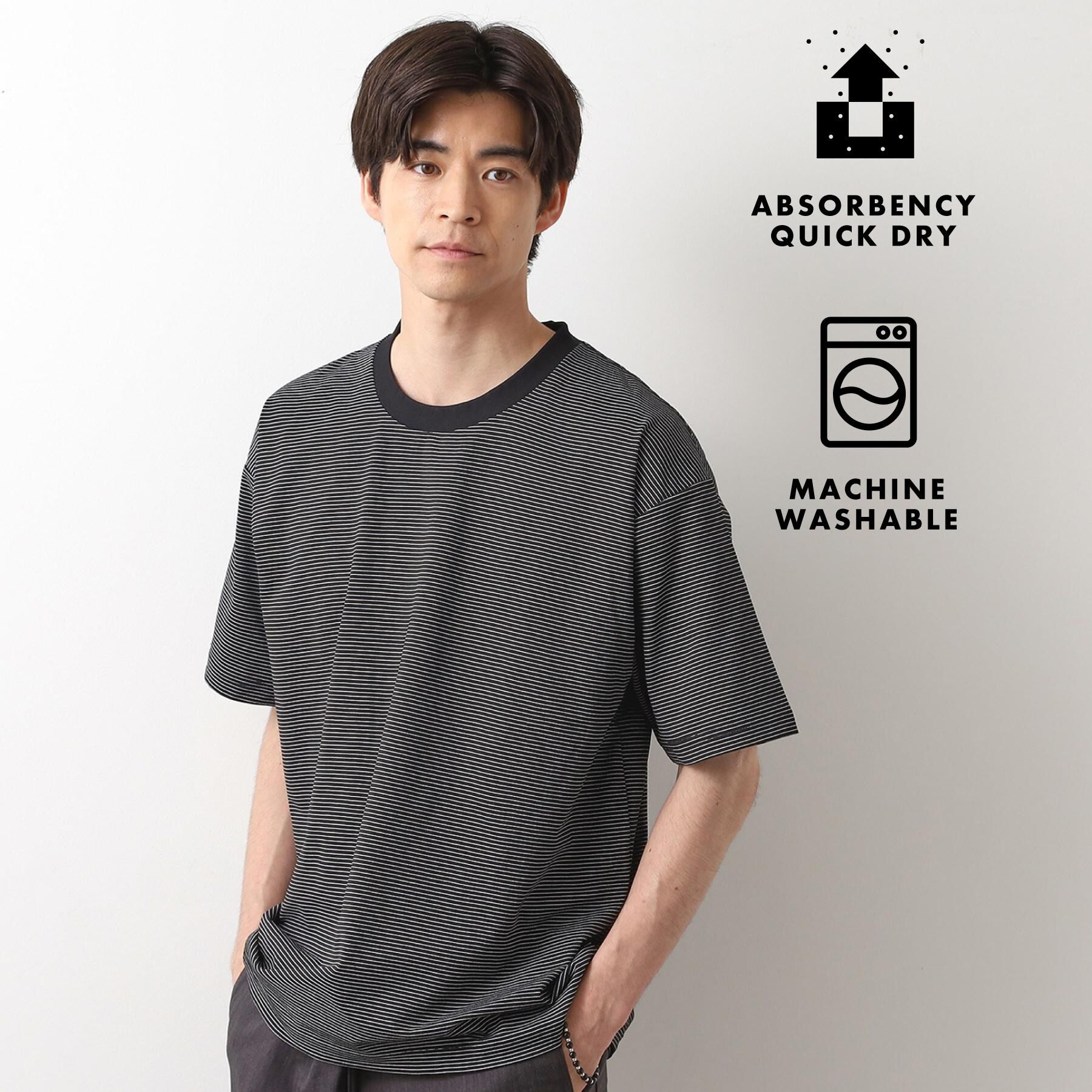THE SHOP TK「パーフェクテックボーダー 半袖Tシャツ 吸水速乾／洗濯機OK」|Tシャツ・カットソー|ブラック(319)