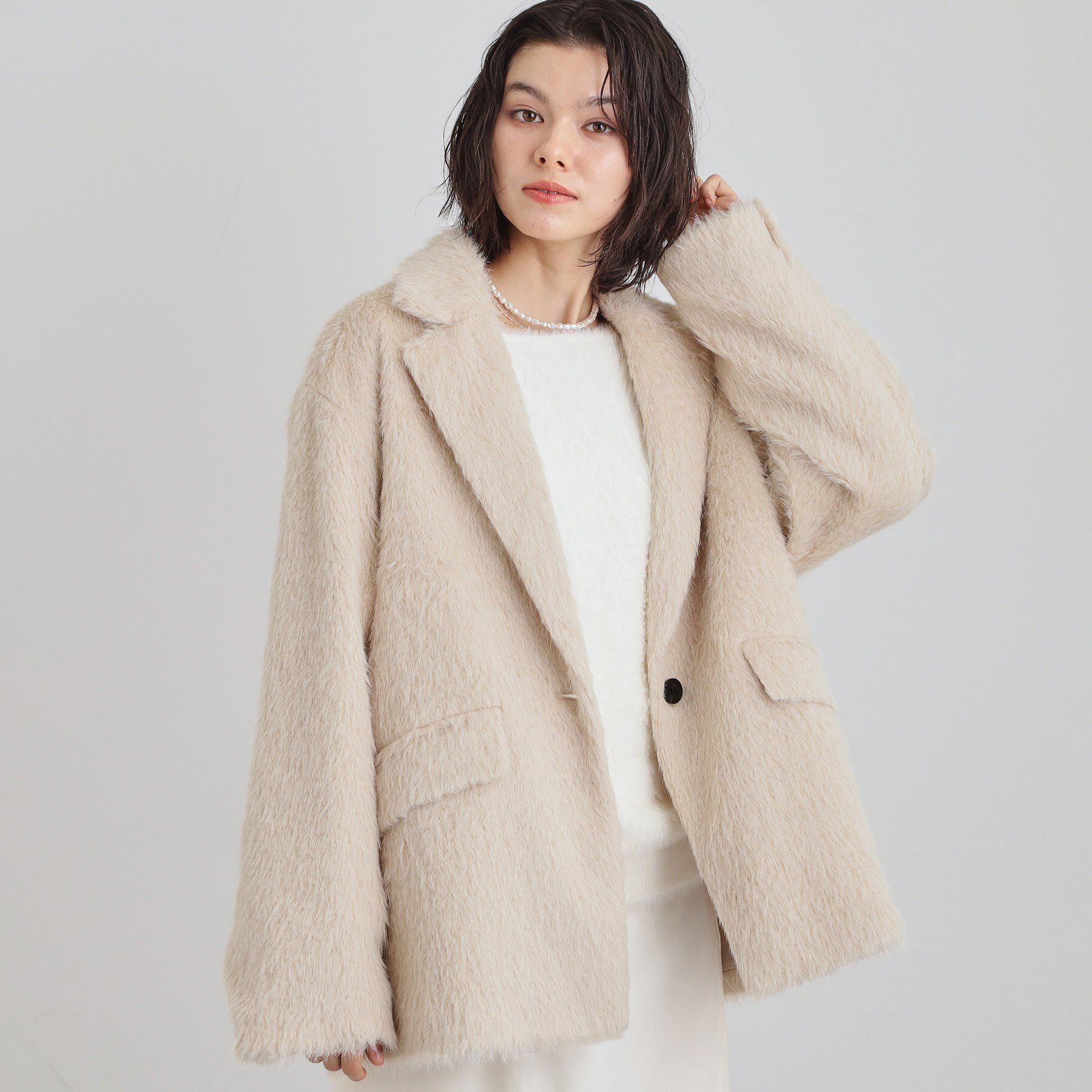 THE SHOP TK「纏うだけで大人上品 シャギーチェスターハーフコート」|チェスターコート|ライトベージュ(05