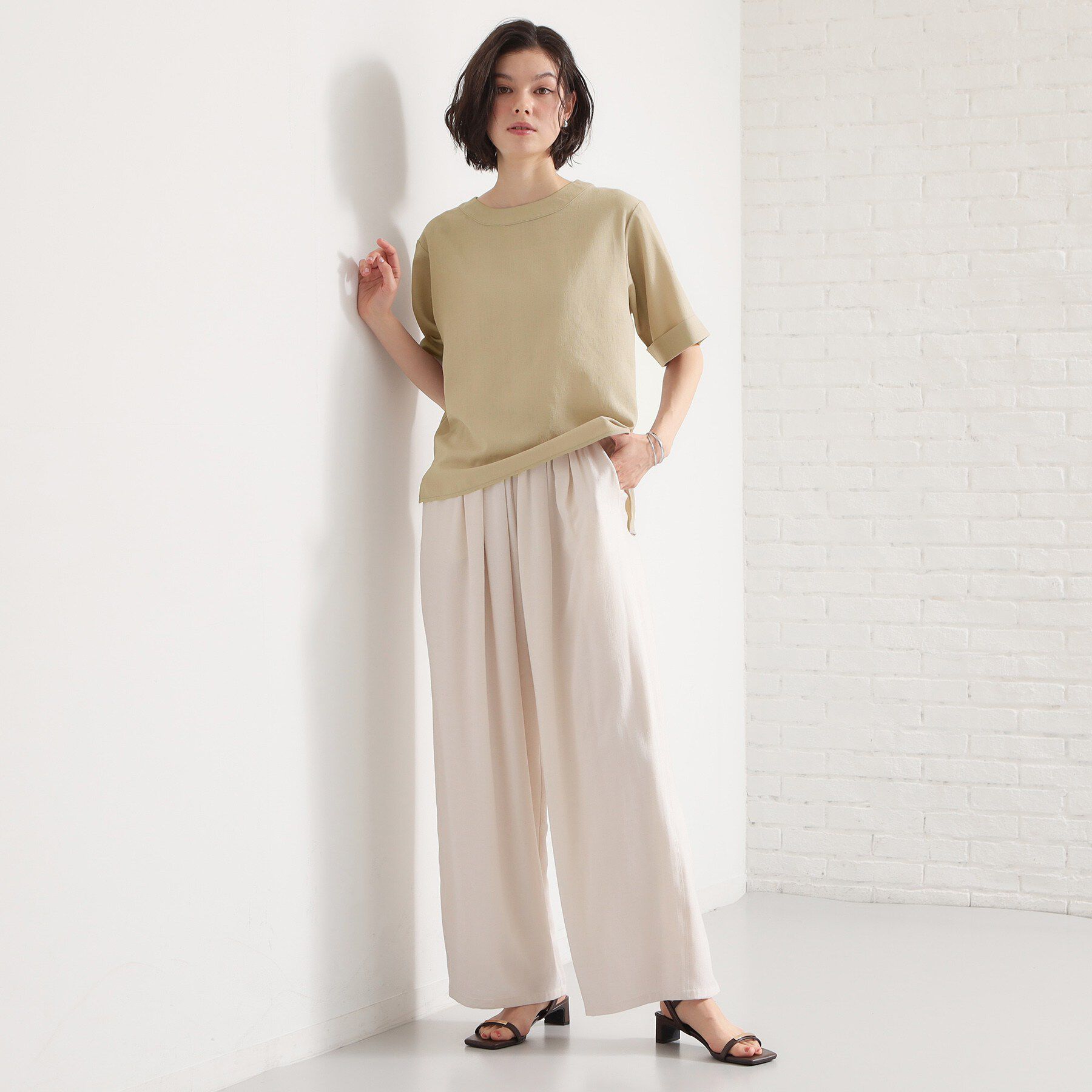 THE SHOP TK「【M-XL/二の腕カバー】さらり麻調メッシュ5分袖ブラウス」|シャツ・ブラウス|