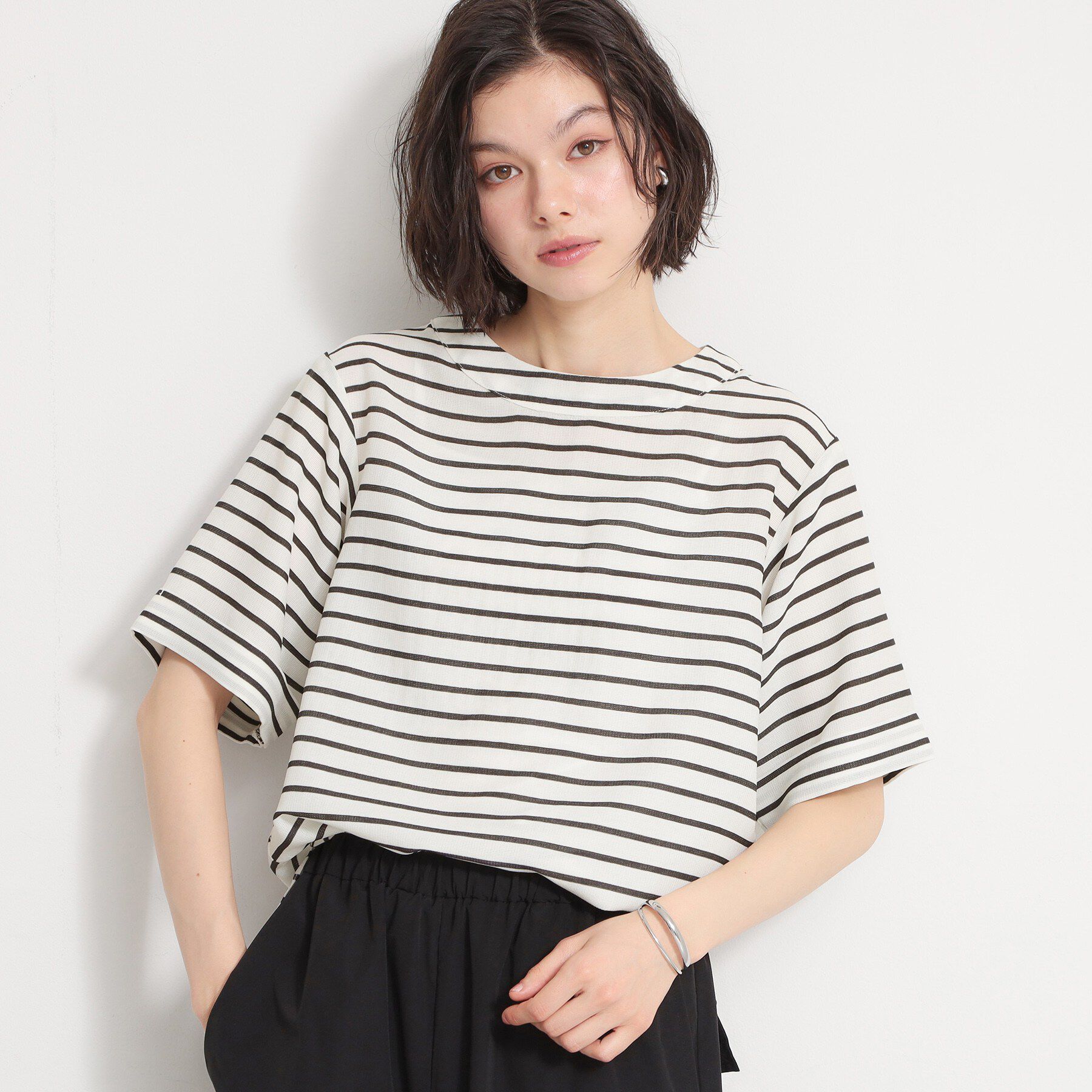 THE SHOP TK「【M-XL/二の腕カバー】さらり麻調メッシュ5分袖ブラウス」|シャツ・ブラウス|アイボリー(304)