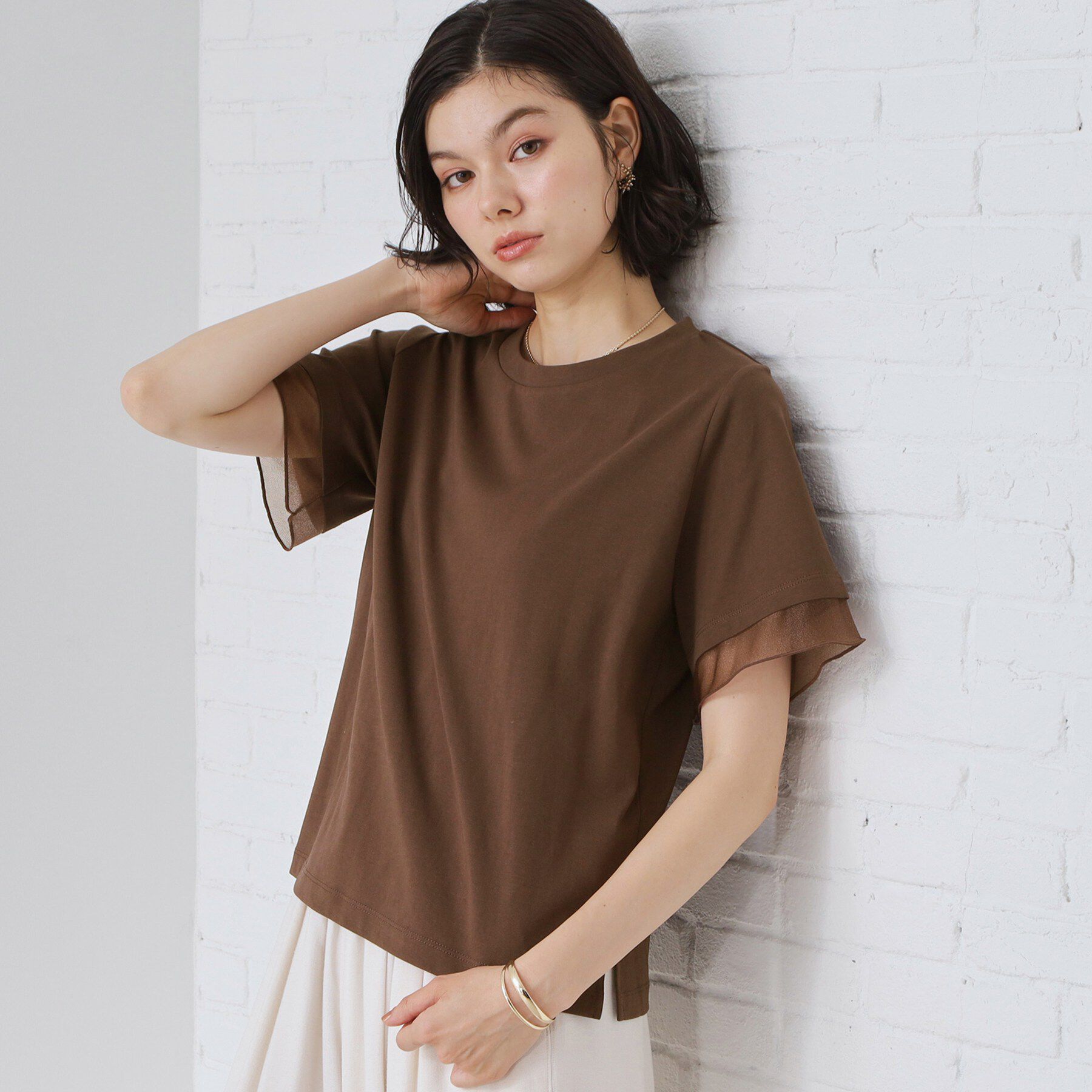 THE SHOP TK「【M-XL/ひんやり】上品な透け感 袖口シアーTシャツ」|Tシャツ・カットソー|