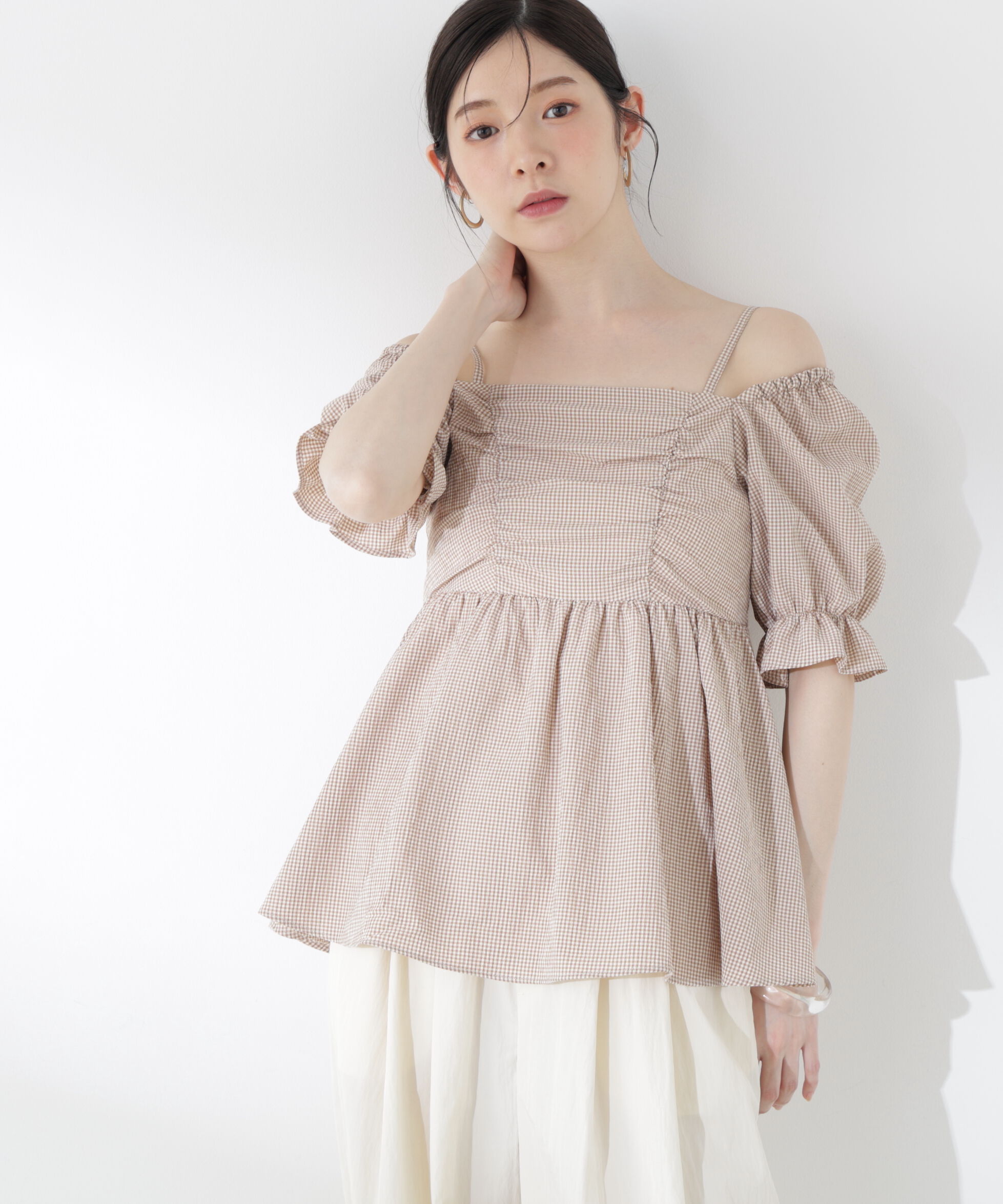 PROPORTION BODY DRESSING「〈a/mie〉ギンガム2wayブラウス」|シャツ・ブラウス|ブラウン&times;ホワ