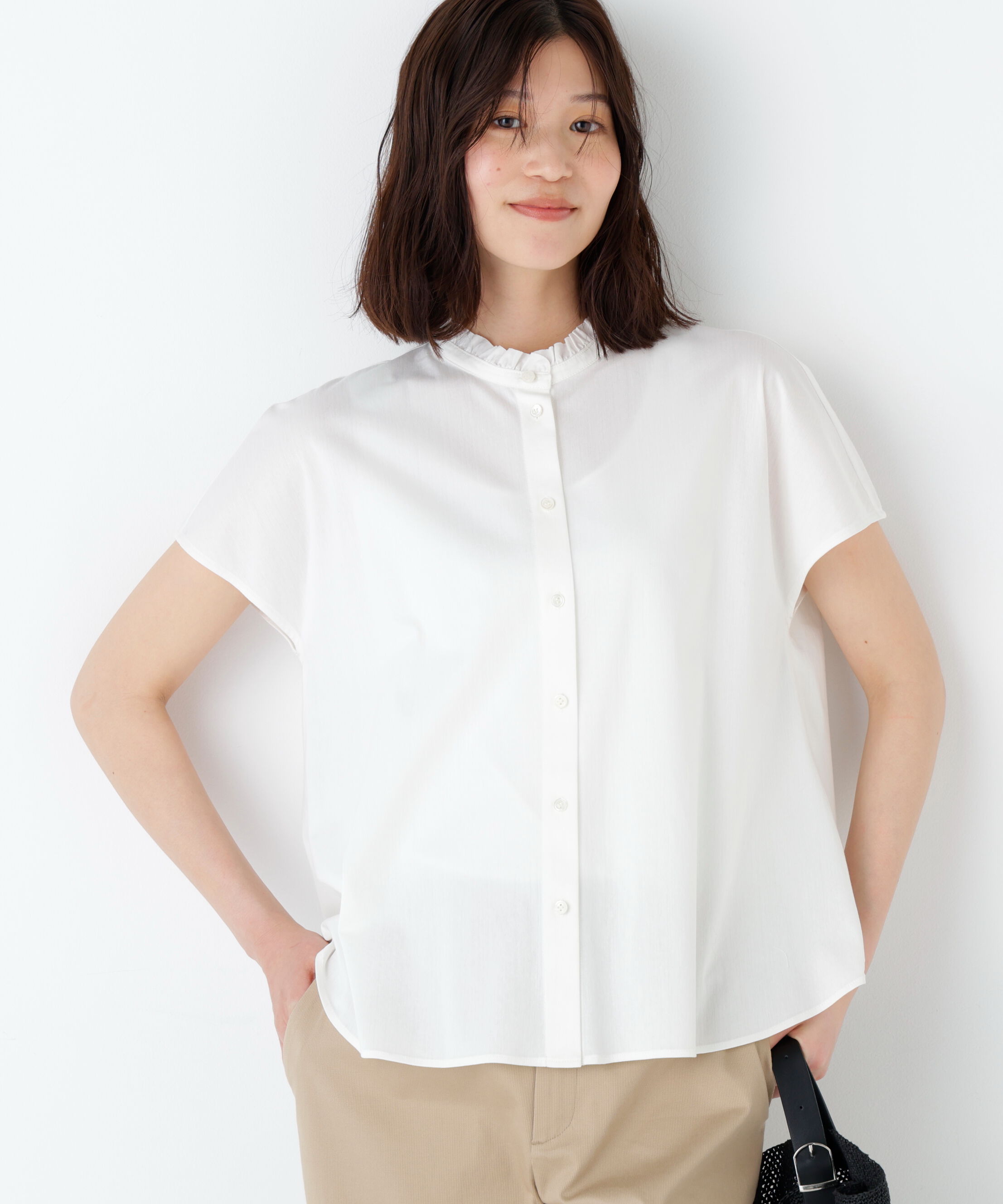 「《大人気追加入荷！ / 洗える》ライトカットソースタンドフリルブラウス」|Tシャツ・カットソー|ホワイト