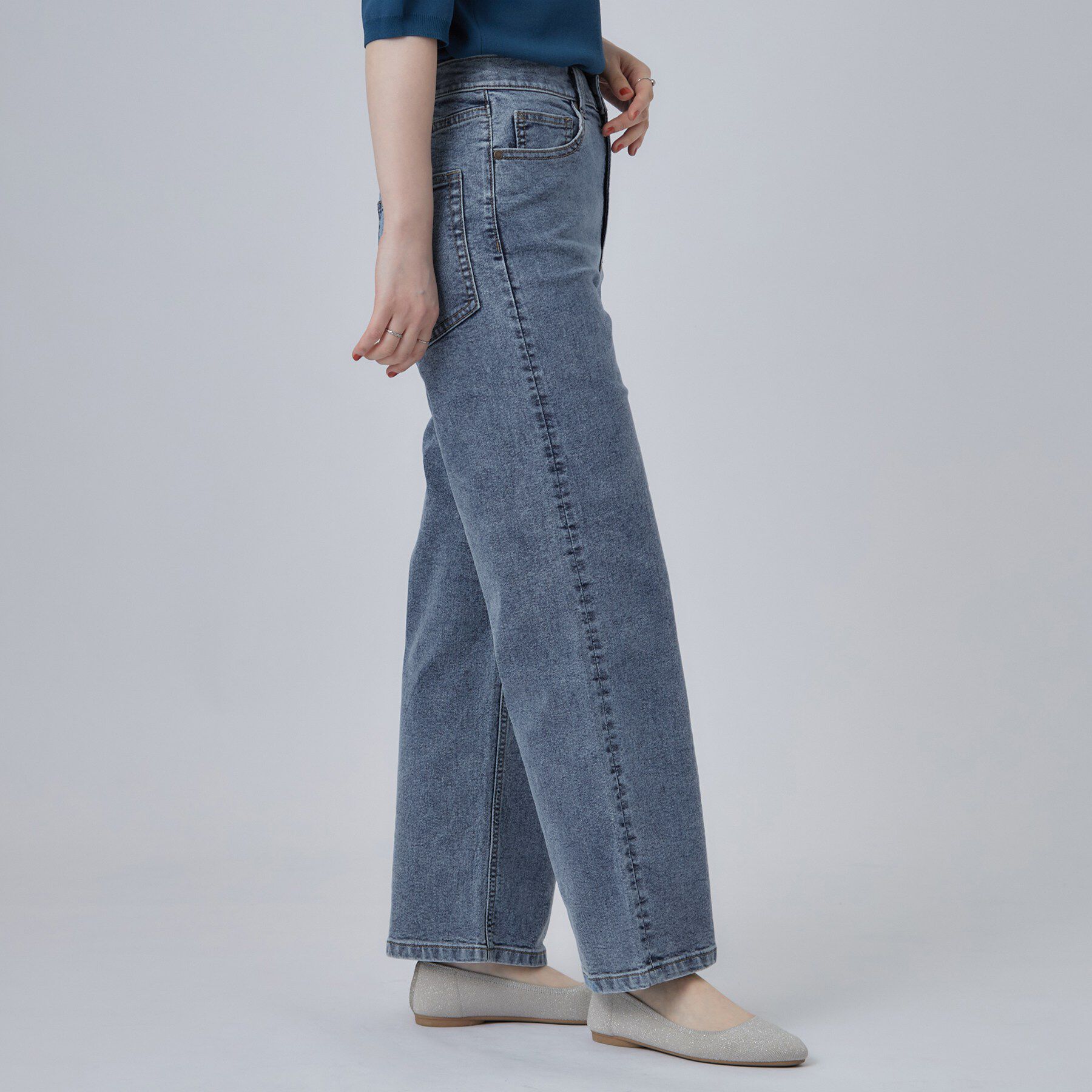 SHOO･LA･RUE「【S-LL/ストレッチ/色落ちしにくいネイビー】脚がまっすぐきれいに見える ワイドストレートデニムパ」|デニム|