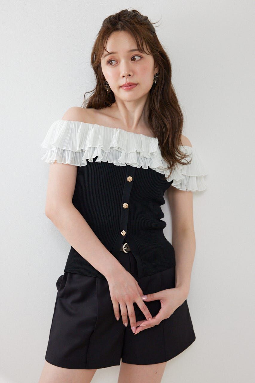 rienda「プリーツレースオフショルノースリニットトップス」|ニット・セーター|
