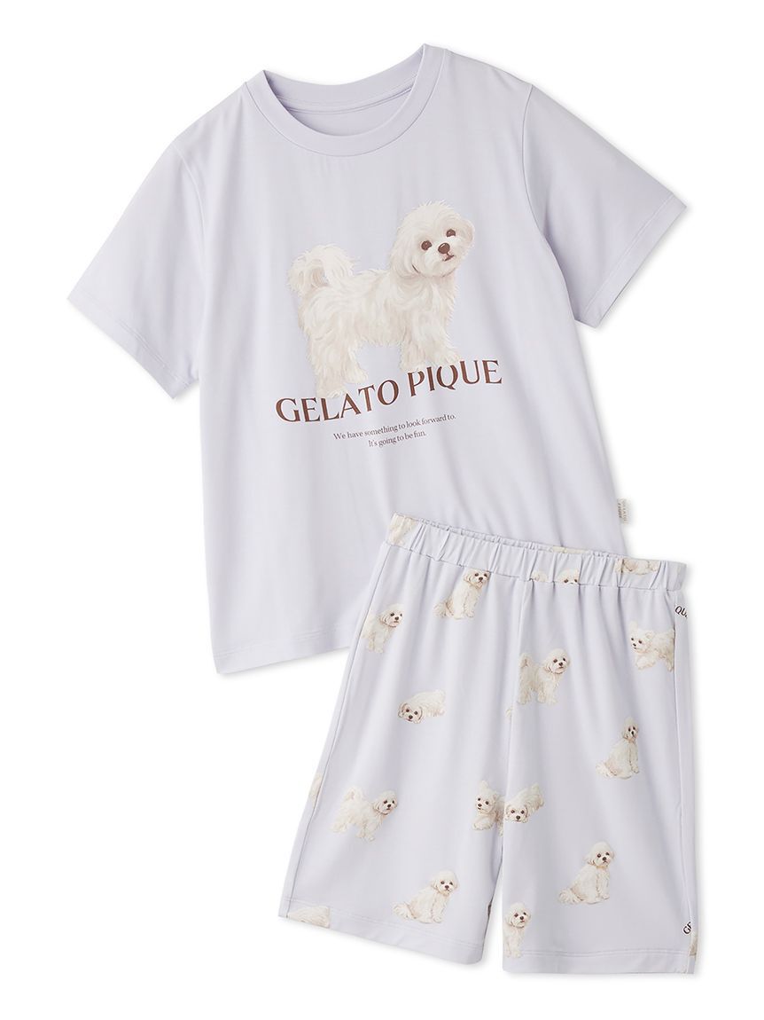 GELATO PIQUE KIDS & BABY「【JUNIOR】【接触冷感】【UVカット】お散歩ドッグワンポイントTシャツ&ショートパンツセット」|ルームウェア|BLU