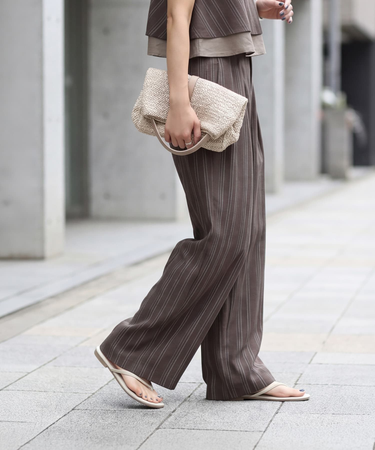 STYLE DELI「麻調ストライプ柄ワイドパンツ」|スラックス|