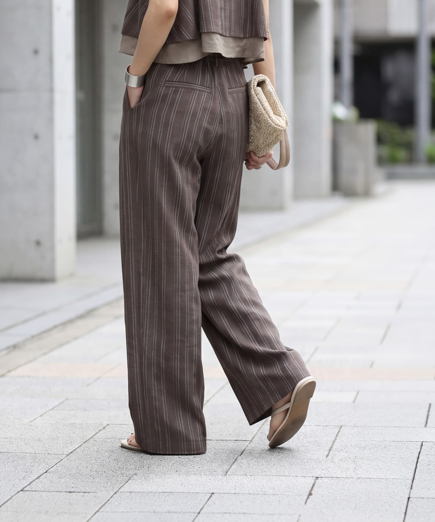 STYLE DELI「麻調ストライプ柄ワイドパンツ」|スラックス|