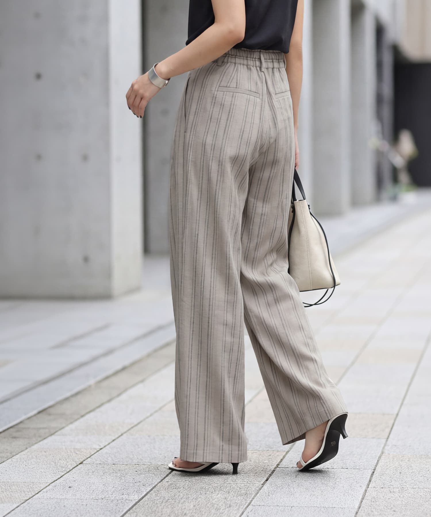 STYLE DELI「麻調ストライプ柄ワイドパンツ」|スラックス|