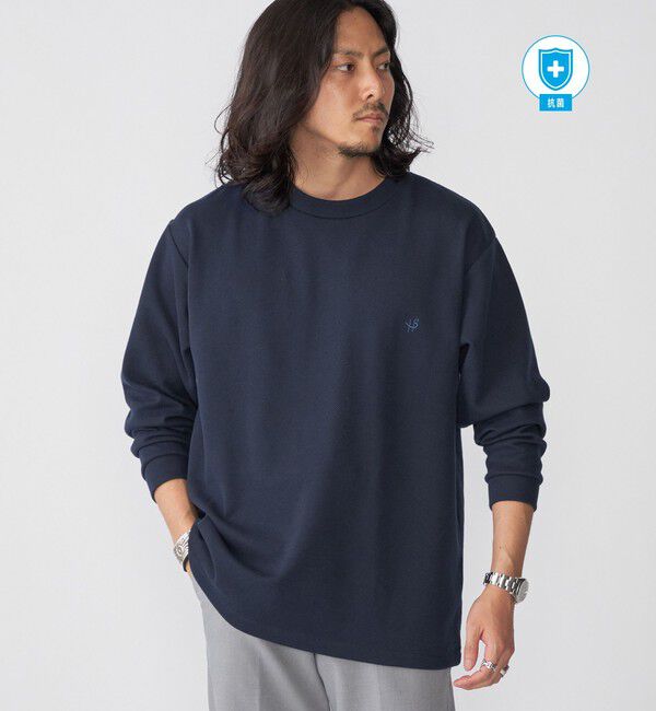 SHIPS「【WEB限定】SHIPS:〈抗菌・防臭〉ワンポイント ロゴ バーズアイ クルーネック 長袖 Tシャツ」|Tシャツ・カットソー|ネイビー