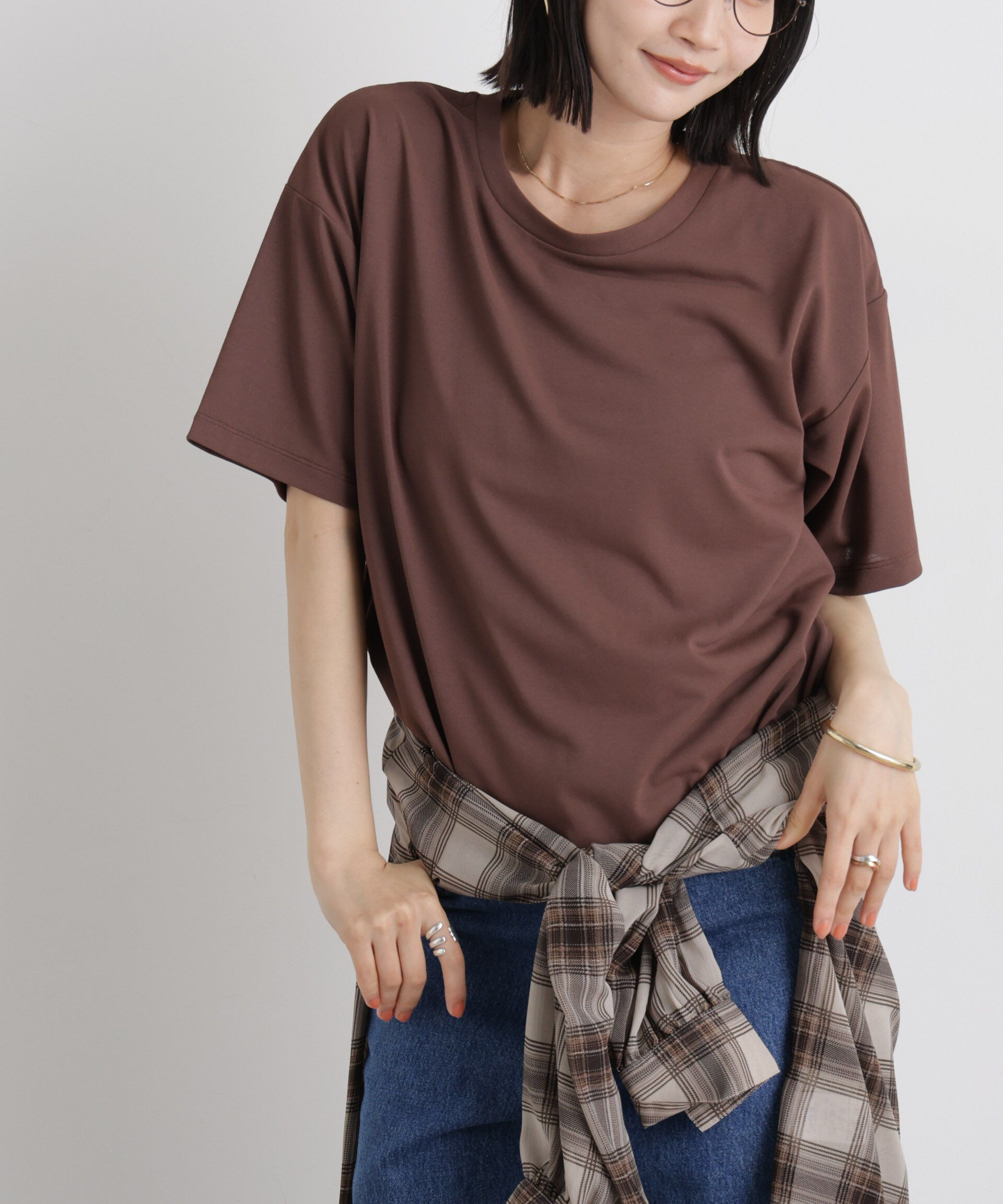 NANO universe「汗隠糸加工&多彩機能カットソー素材 クルーネックトップス」|Tシャツ・カットソー|ブラウン