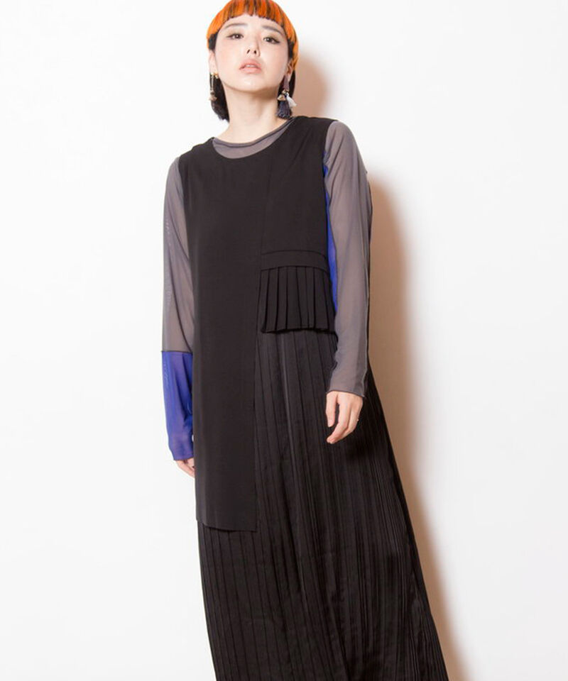  「2WAYレイヤードプリーツワンピース」|ジャンパースカート|BLACK