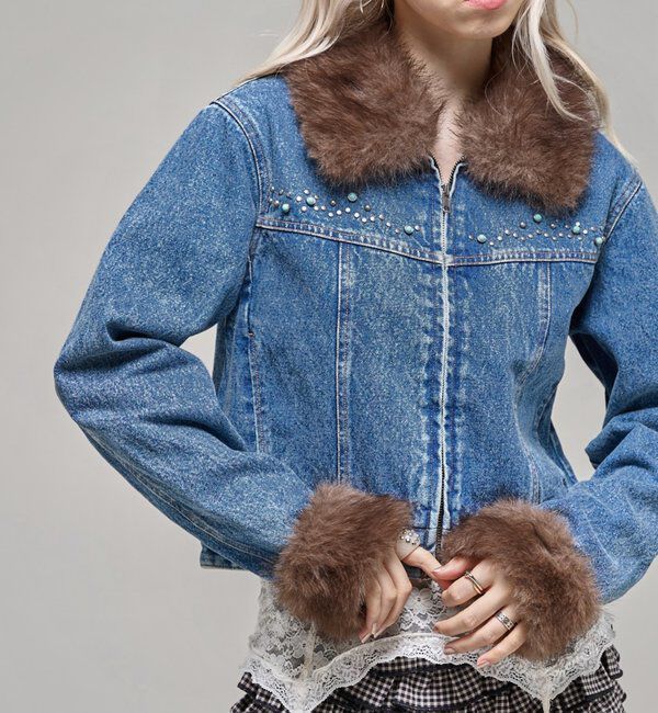  「【26AW LOOK掲載品番】ビジュファーデニムジャケット」|ブルゾン・スタジャン|ブルー