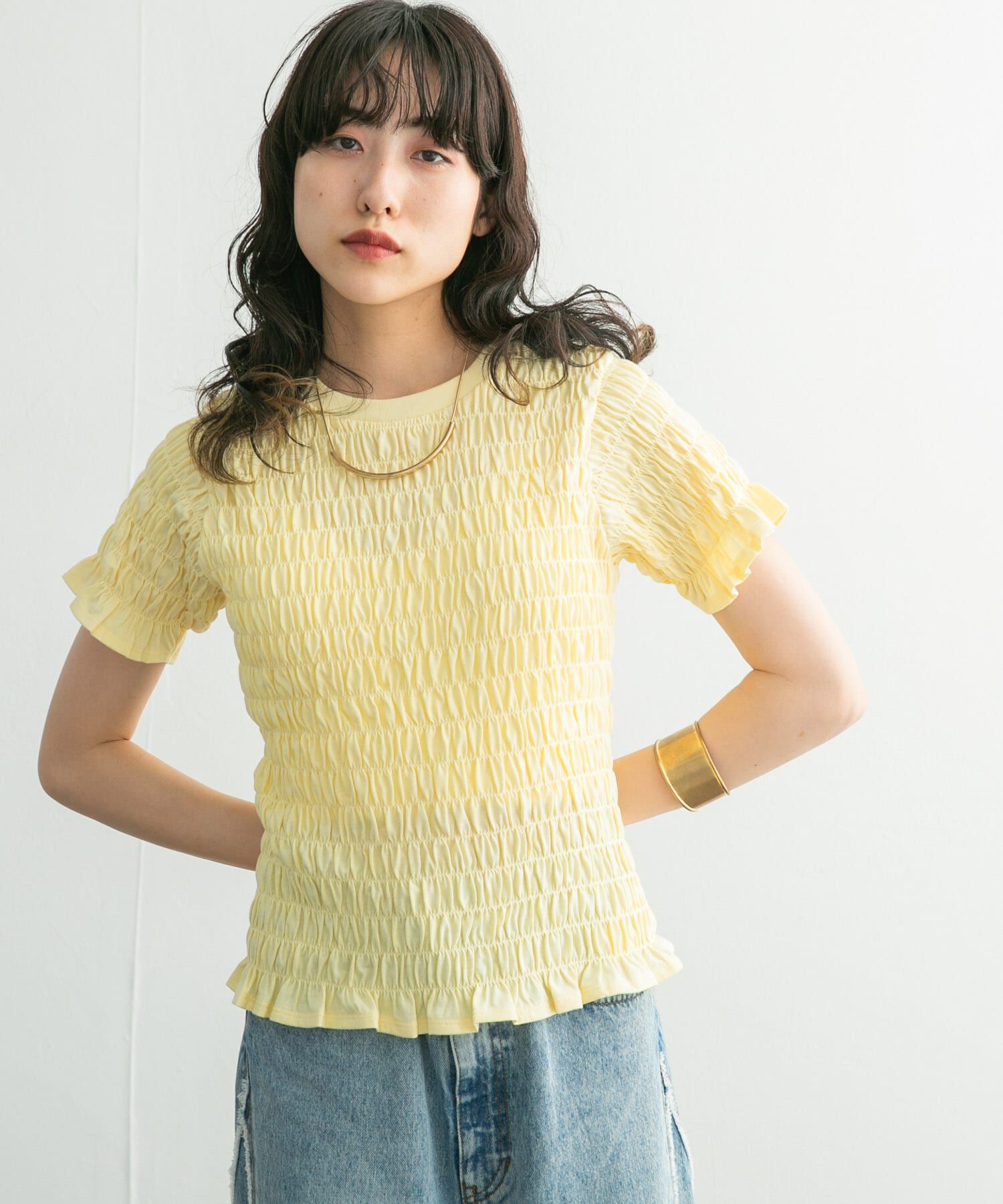  「シャーリングプチフリルTEE」|Tシャツ・カットソー|イエロー