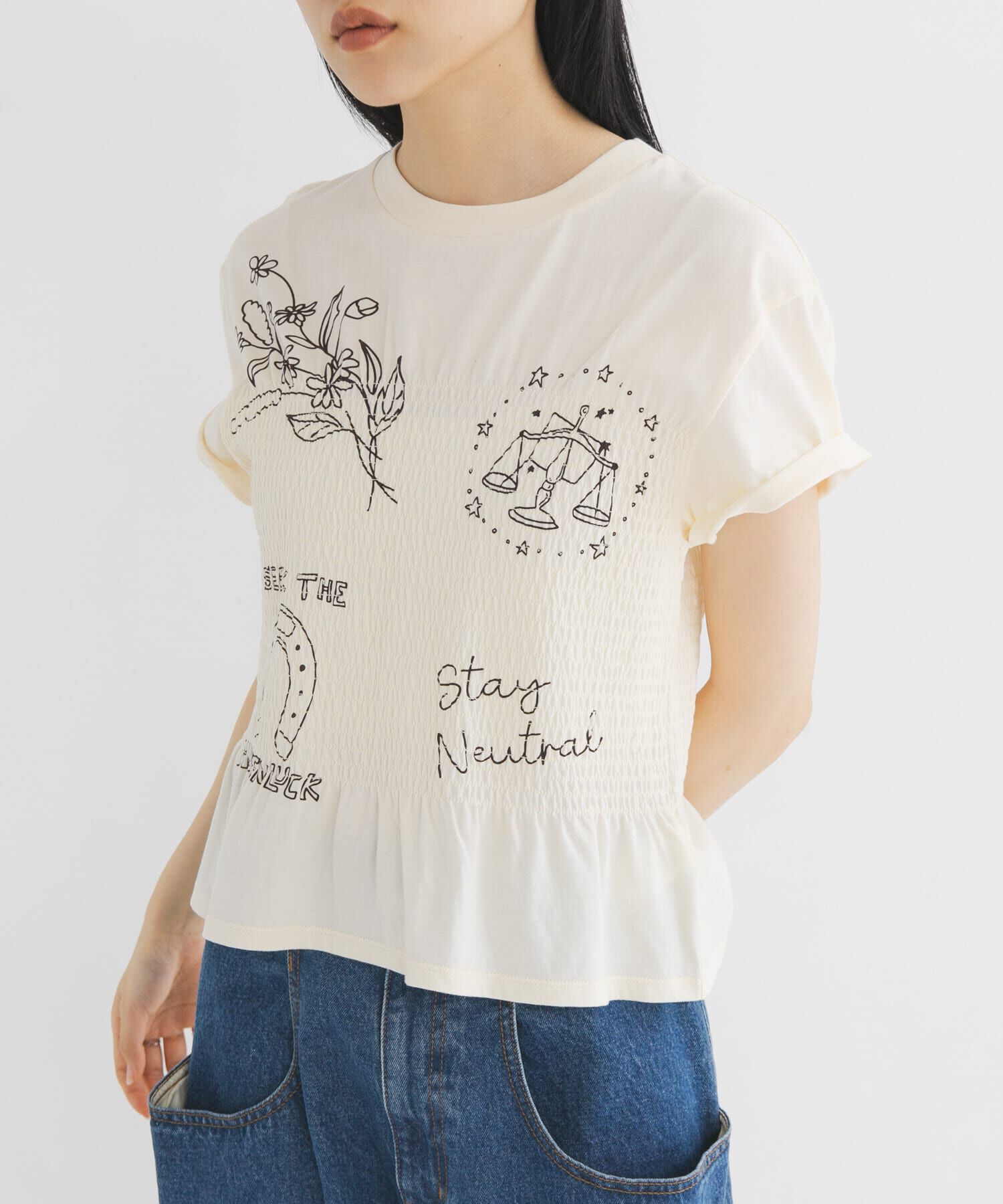  「シャーリングデザインプリントTEE」|Tシャツ・カットソー|