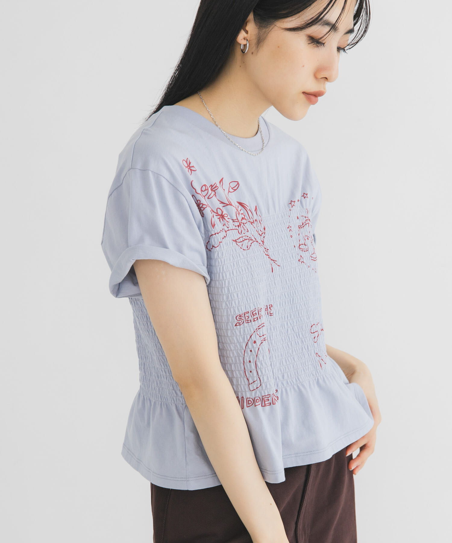  「シャーリングデザインプリントTEE」|Tシャツ・カットソー|