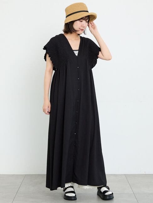 Samansa Mos2「前開きシャーリングワンピース」|ワンピース|ブラック