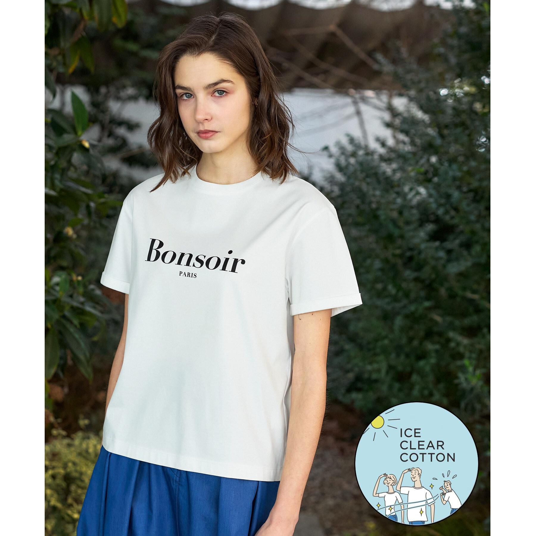 DRESSTERIOR「【接触冷感／抗菌防臭／消臭】アイスクリアコットン Bonsoir ロゴTシャツ」|Tシャツ・カットソー|ホワイト(001)