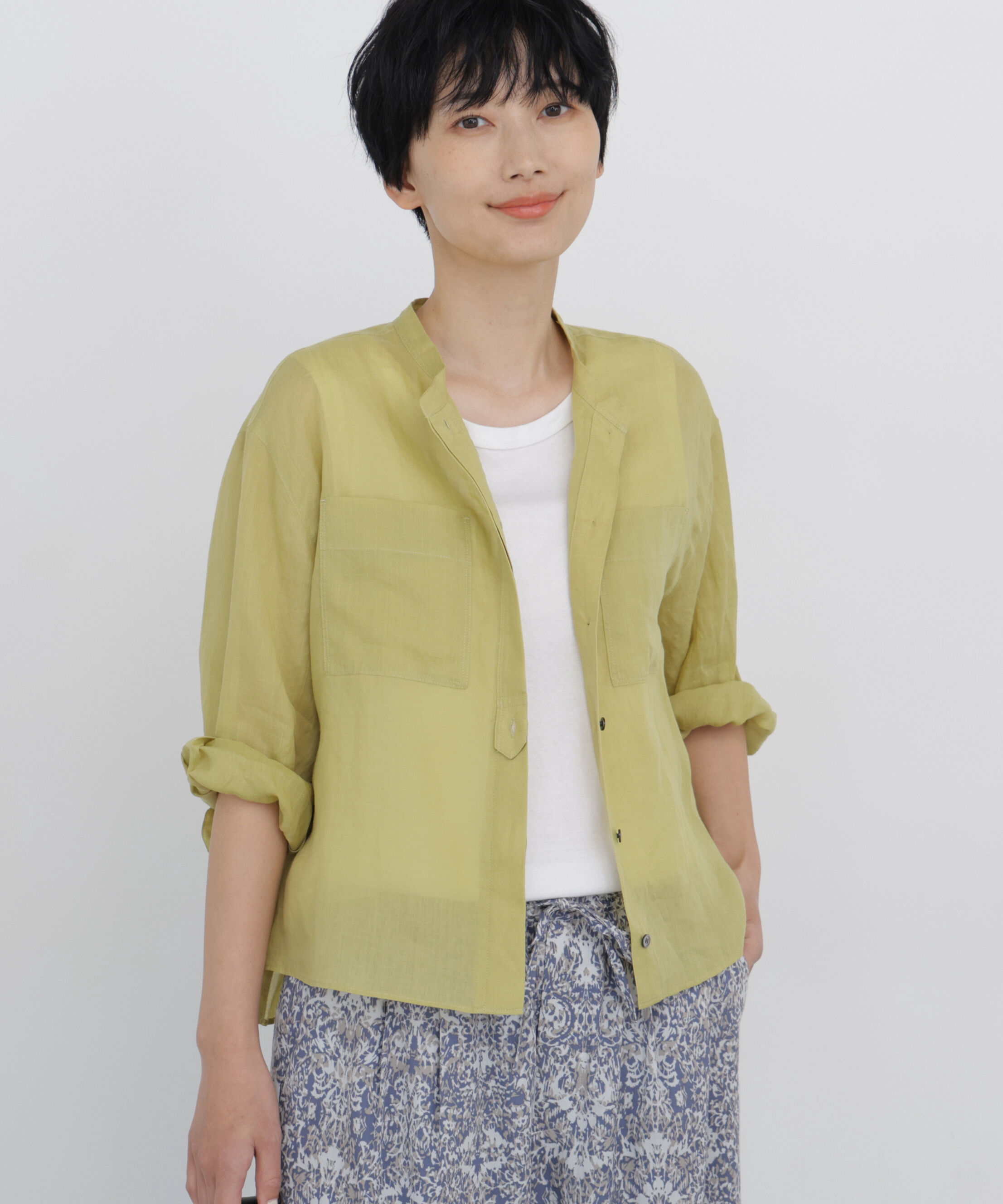  「◆≪名品 / 洗える / 4色展開！≫ラミーバンドカラーシャツブラウス」|シャツ・ブラウス|イエロー