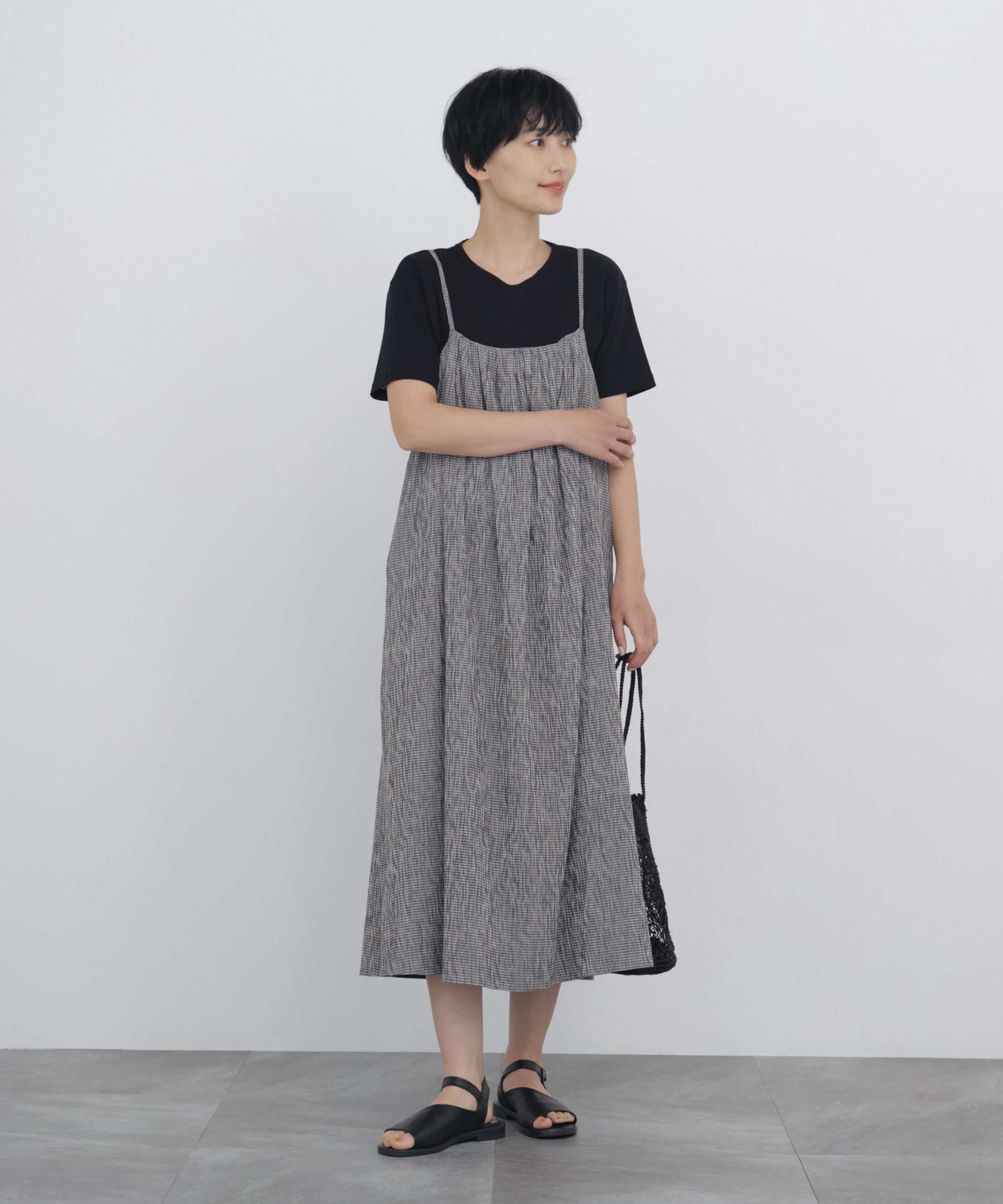  「◆≪清涼素材 / 丈感調整可 / 洗える≫ 高島ちぢみﾁｪｯｸｷｬﾐﾜﾝﾋﾟ」|ワンピース|