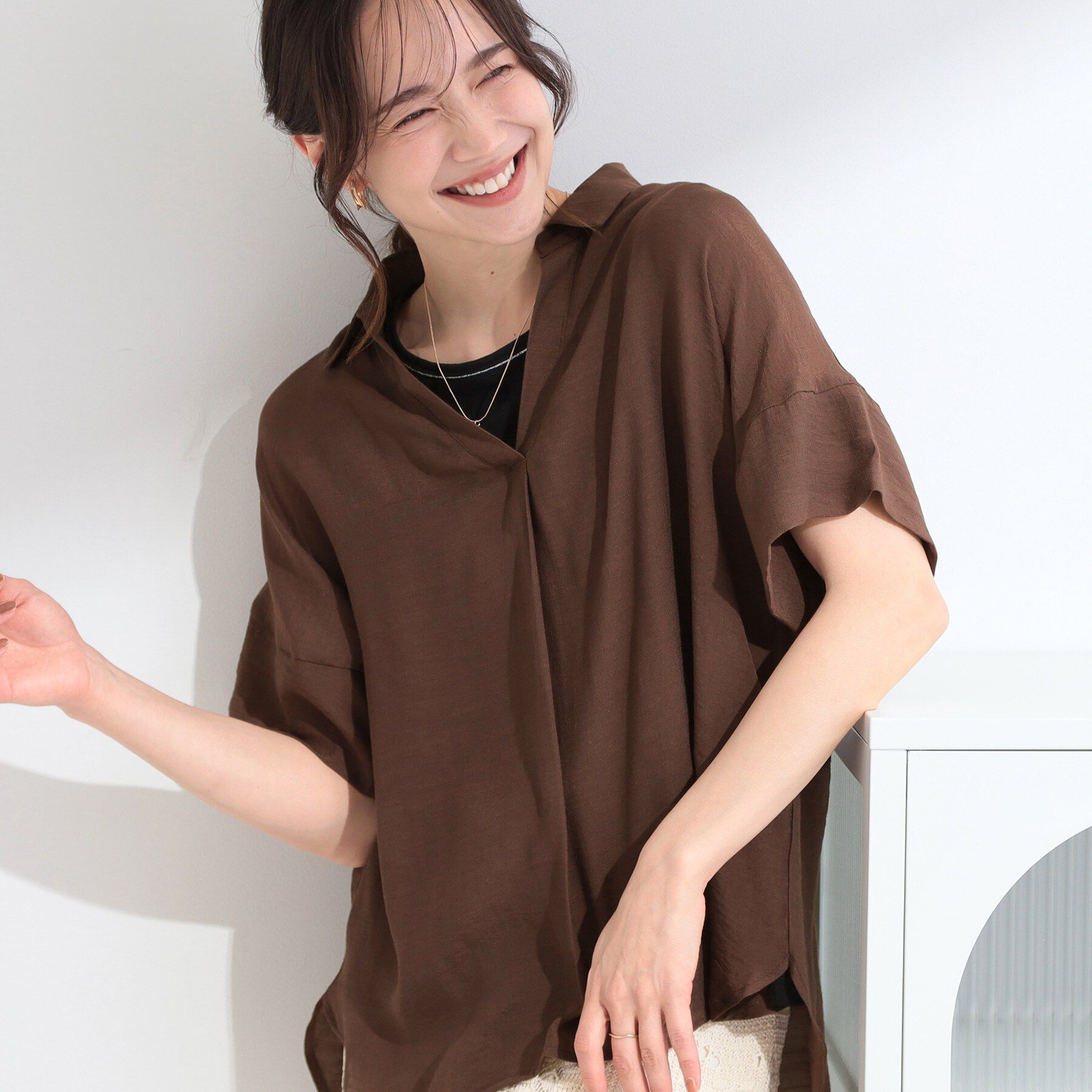 SHOO･LA･RUE「【2点セット/S-LL/洗濯機可】時短でコーデ決まる スラブスキッパーシャツ＋タンクトップ」|その他|モカブラウン(042