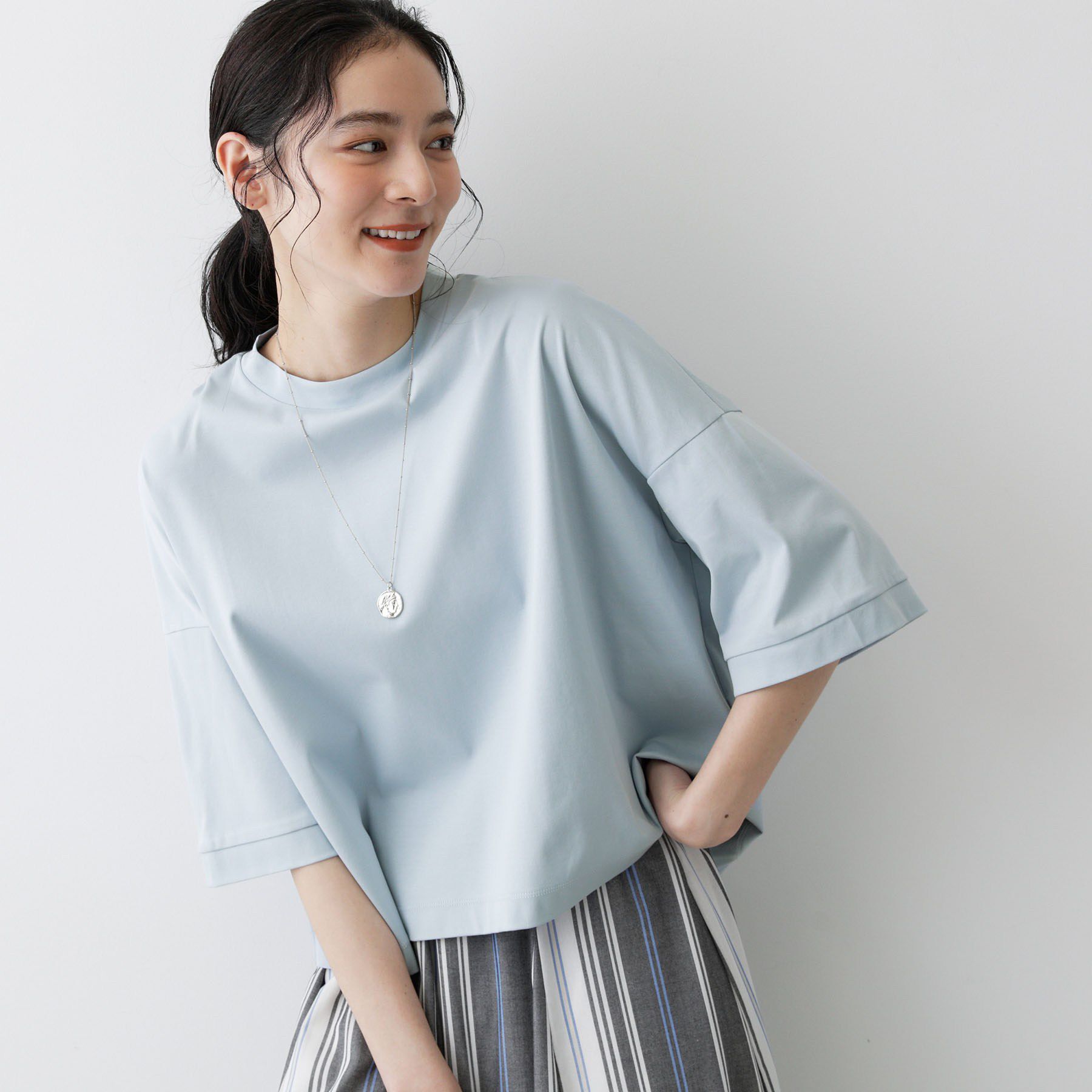 Dessin「【体型カバー】美光沢カットソーボクシーシルエット」|Tシャツ・カットソー|ブルー(091)