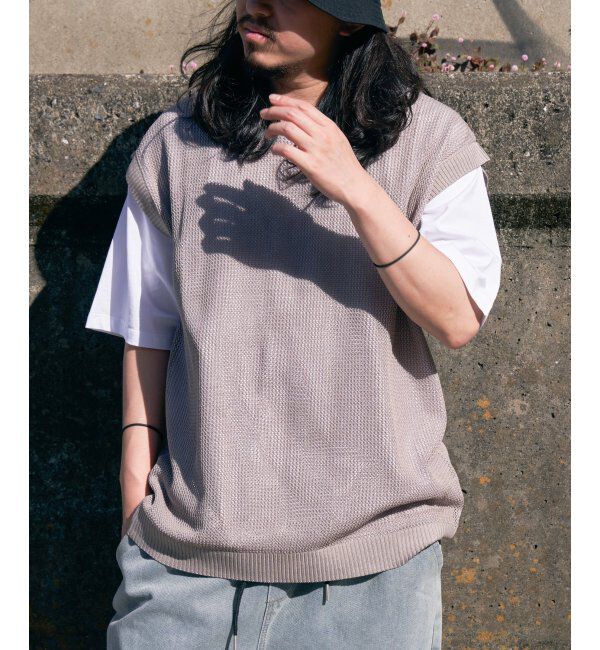 VENCE share style「【2点セット】メッシュニットベストアンサンブルTシャツ」|Tシャツ・カットソー|グレイ