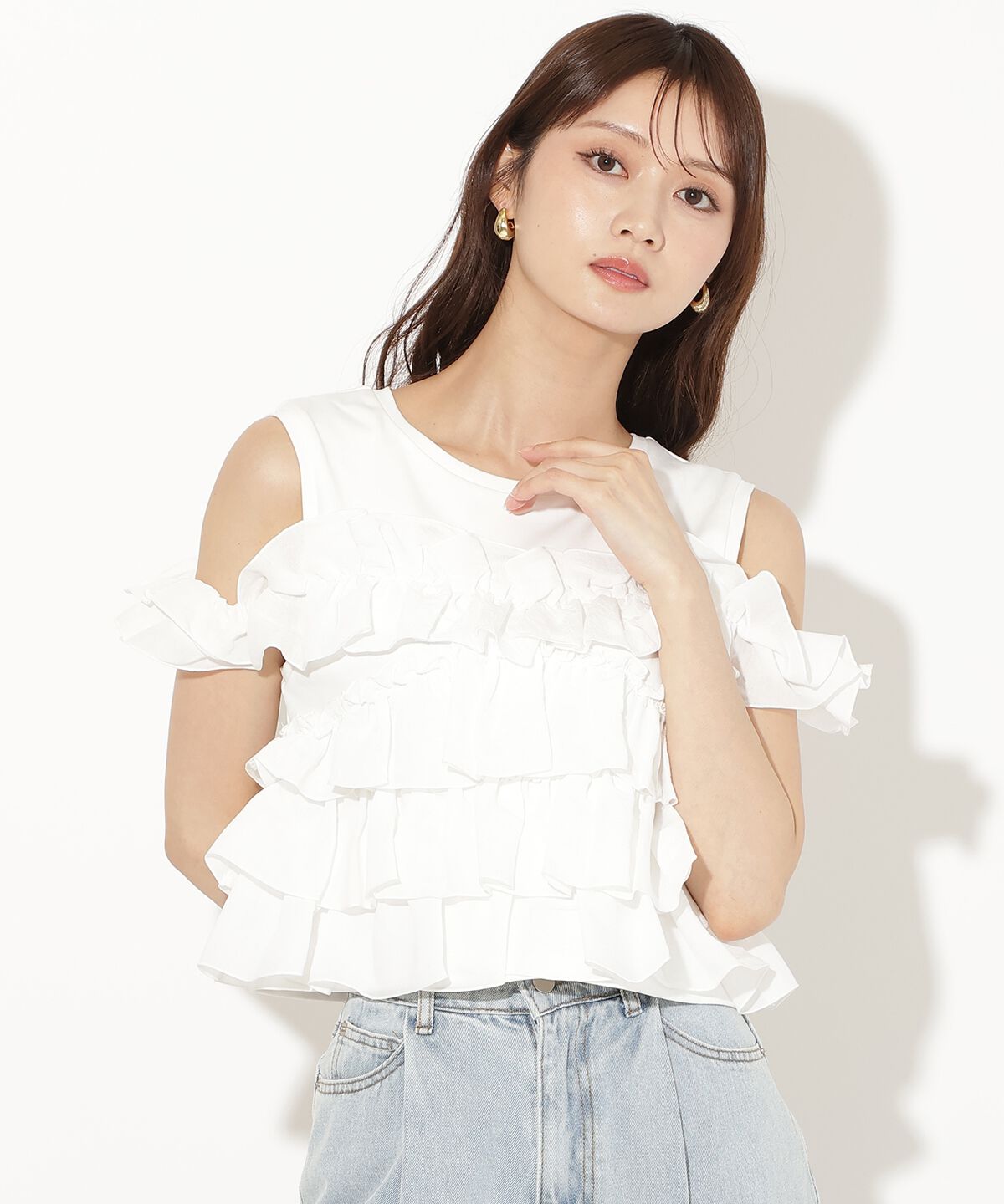 アンドクチュール「ティアードフリルコンビノースリーブＴシャツ」|Tシャツ・カットソー|オフ
