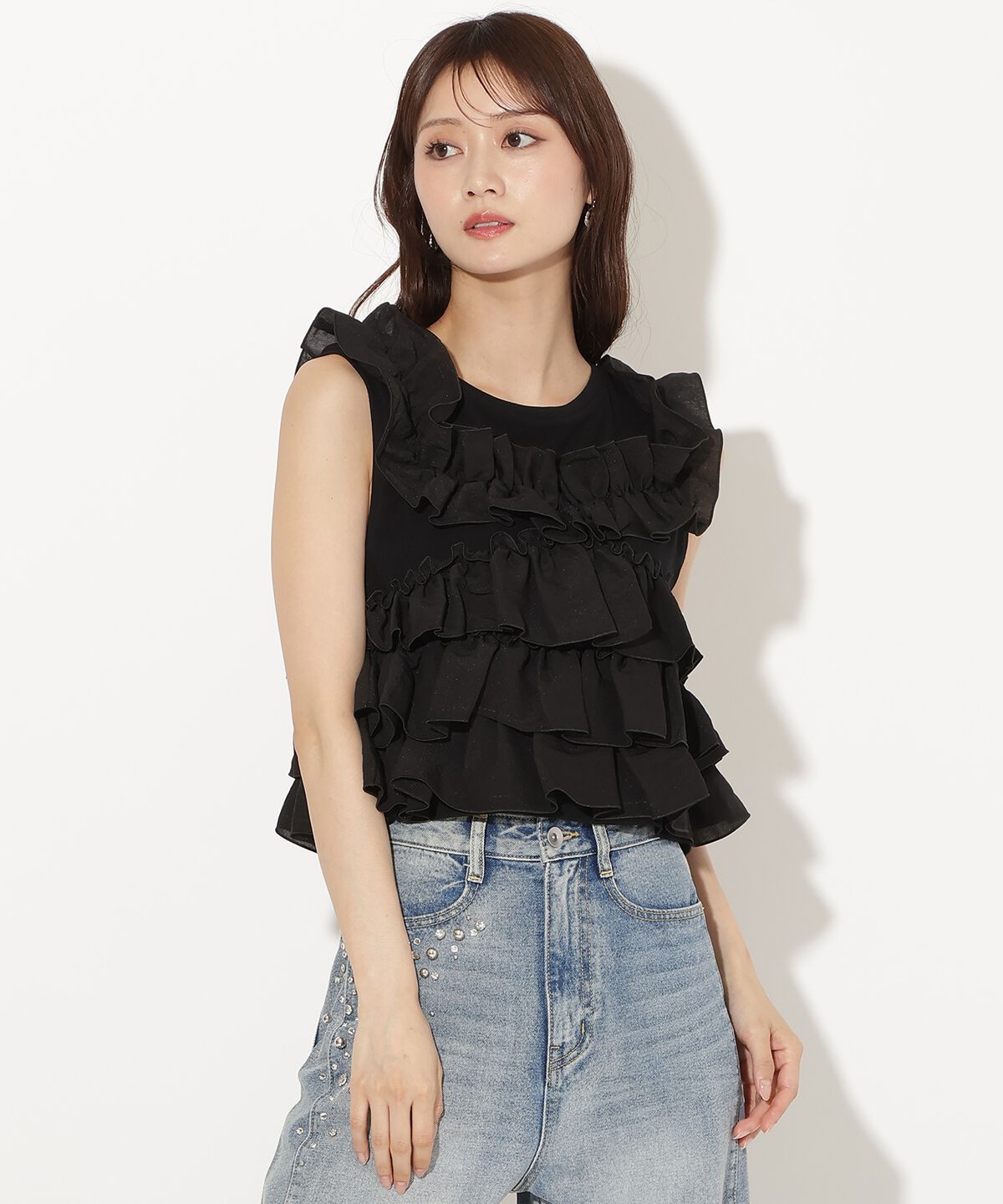 アンドクチュール「ティアードフリルコンビノースリーブＴシャツ」|Tシャツ・カットソー|