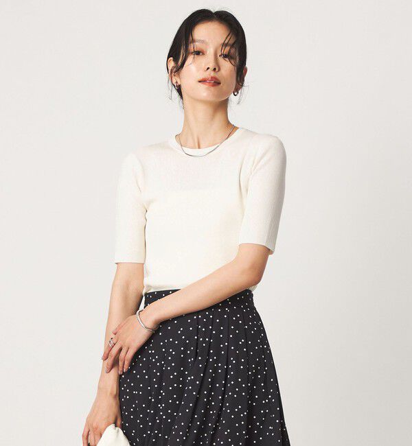 UNITED ARROWS green label relaxing「＜1_OF MINE＞リブ クルーネック 5分袖 ニット プルオーバー マシンウォッシャブル」|ニット・セーター|WHITE