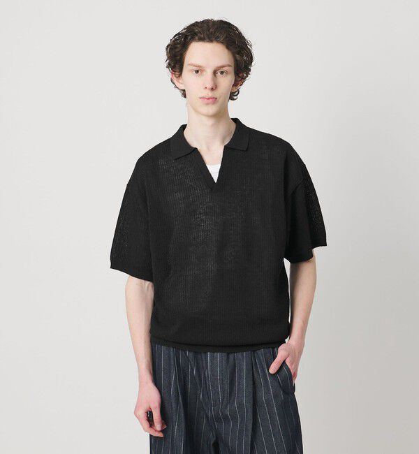 MONKEY TIME「リネンミックス シアー スキッパー ポロシャツ」|ニット・セーター|BLACK