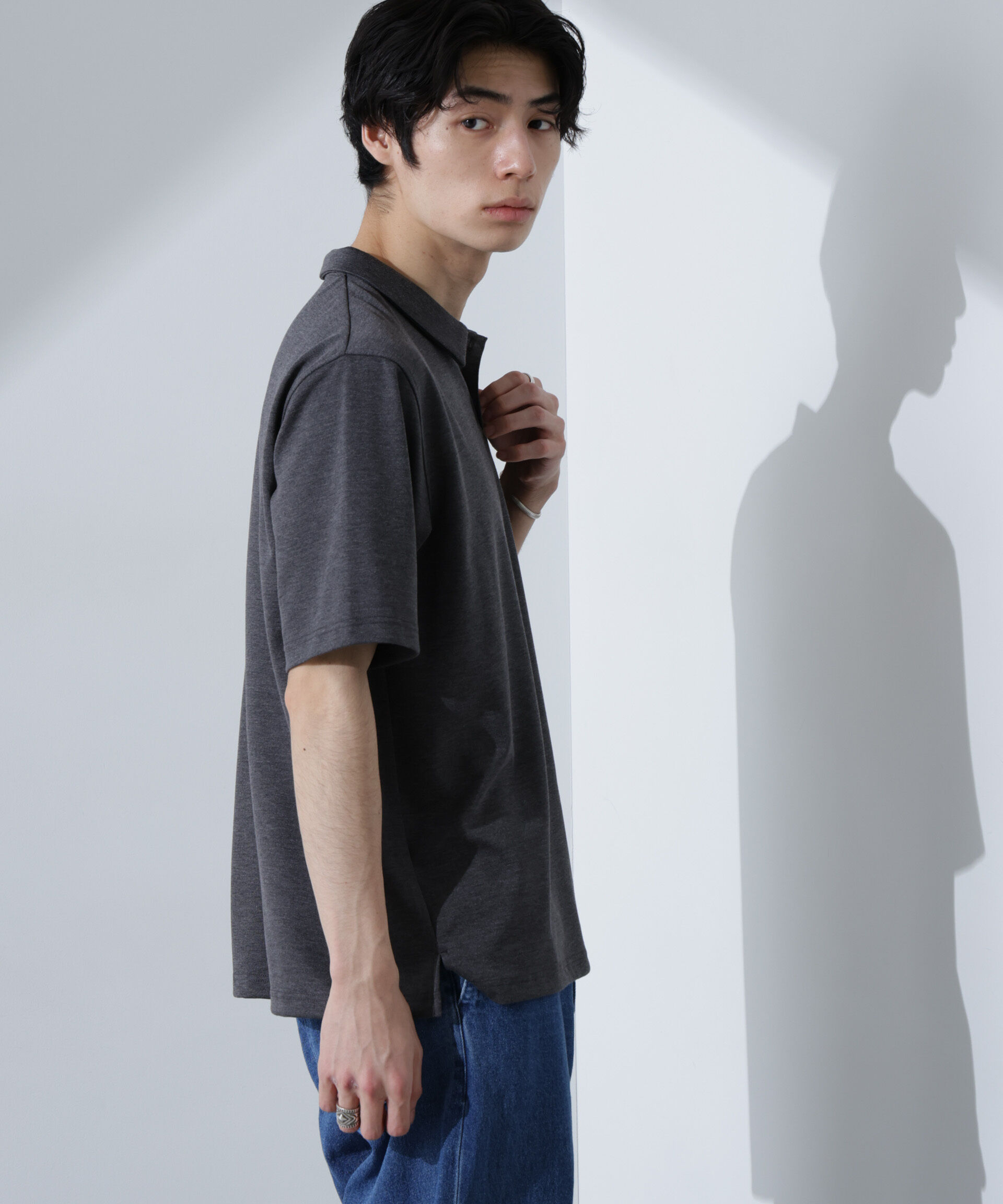 NANO universe「Pe/Ry鹿の子ポロシャツ 半袖」|Tシャツ・カットソー|チャコール3