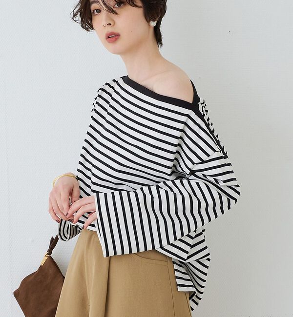 Rouge vif「ボーダーボートネックカットソー/ロングスリーブTシャツ」|Tシャツ・カットソー|ブラック