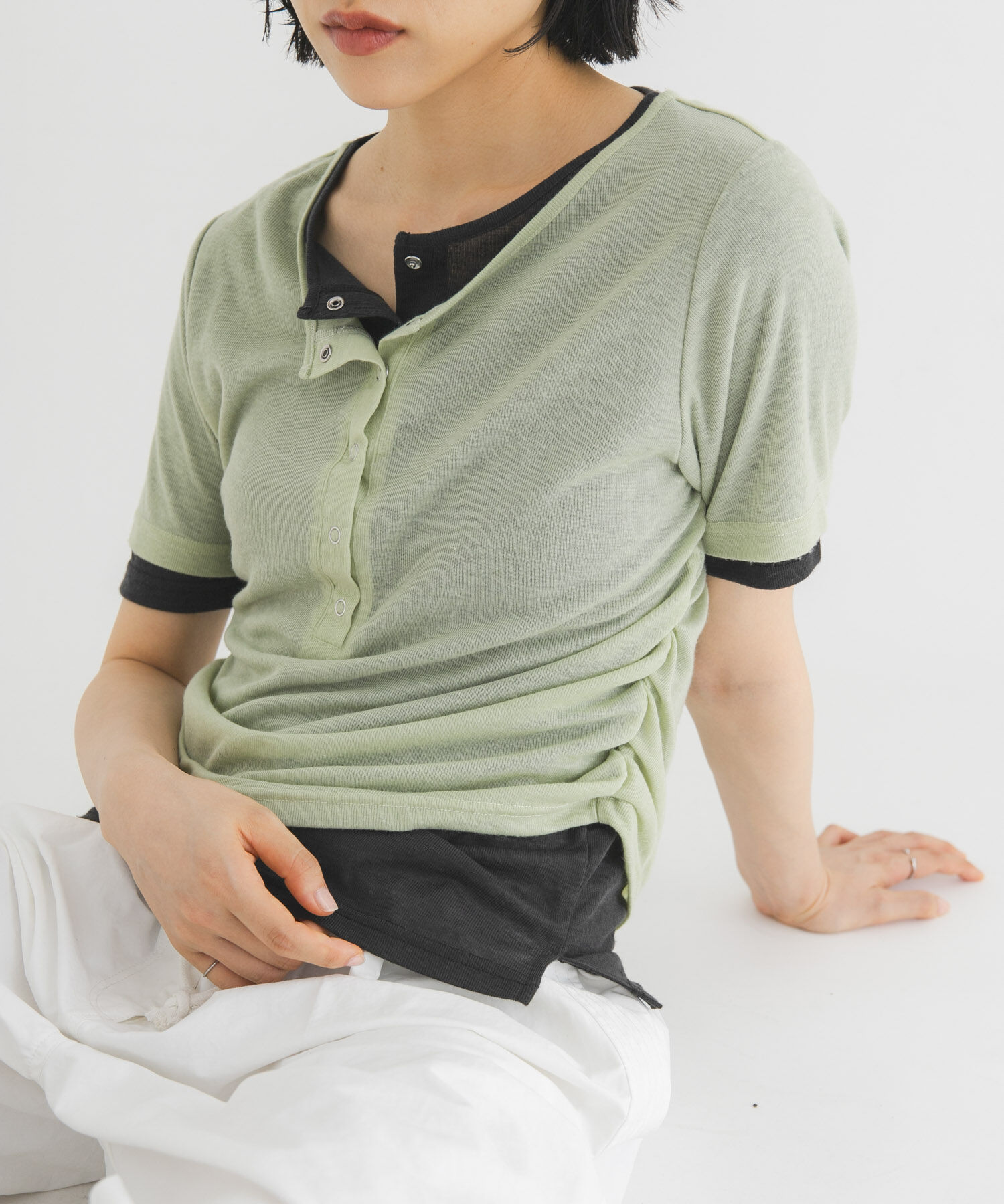  「バイカラーヘンリーネックTEE」|Tシャツ・カットソー|グリーン系その他