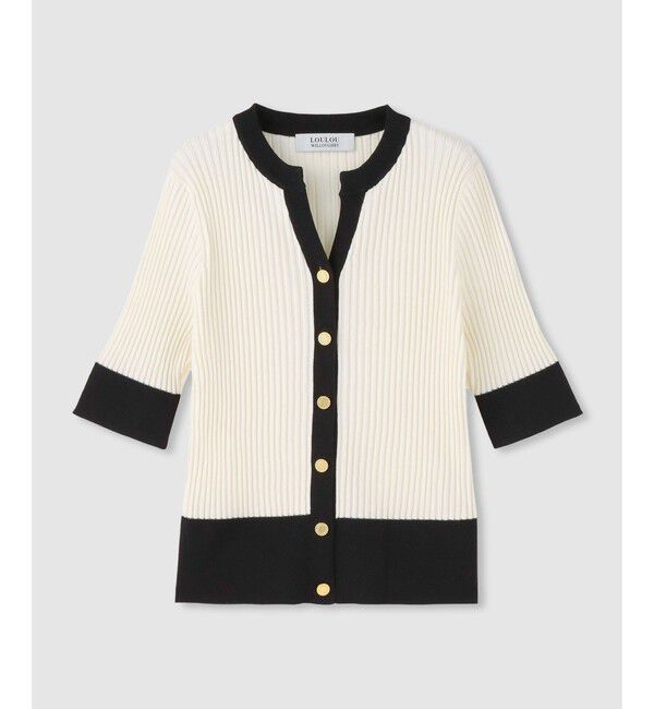 LOULOU WILLOUGHBY「◇バイカラーキーネック5分袖カーディガン」|カーディガン|