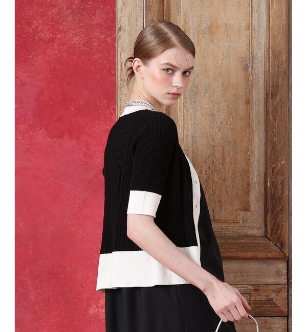 LOULOU WILLOUGHBY「◇バイカラーキーネック5分袖カーディガン」|カーディガン|