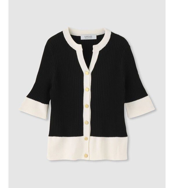 LOULOU WILLOUGHBY「◇バイカラーキーネック5分袖カーディガン」|カーディガン|