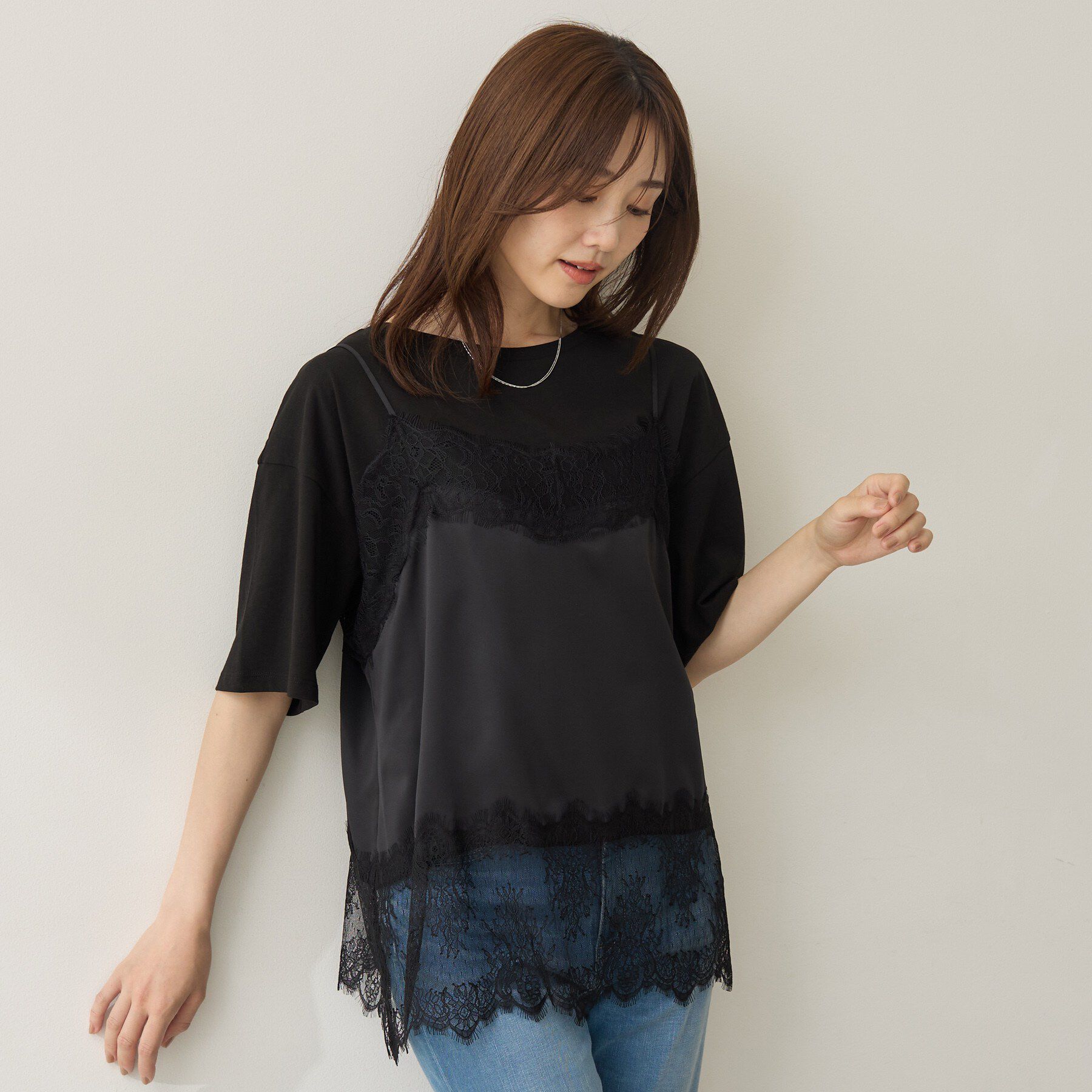 UNTITLED「【1枚でもセットでも】レースキャミ付きプルオーバー」|Tシャツ・カットソー|